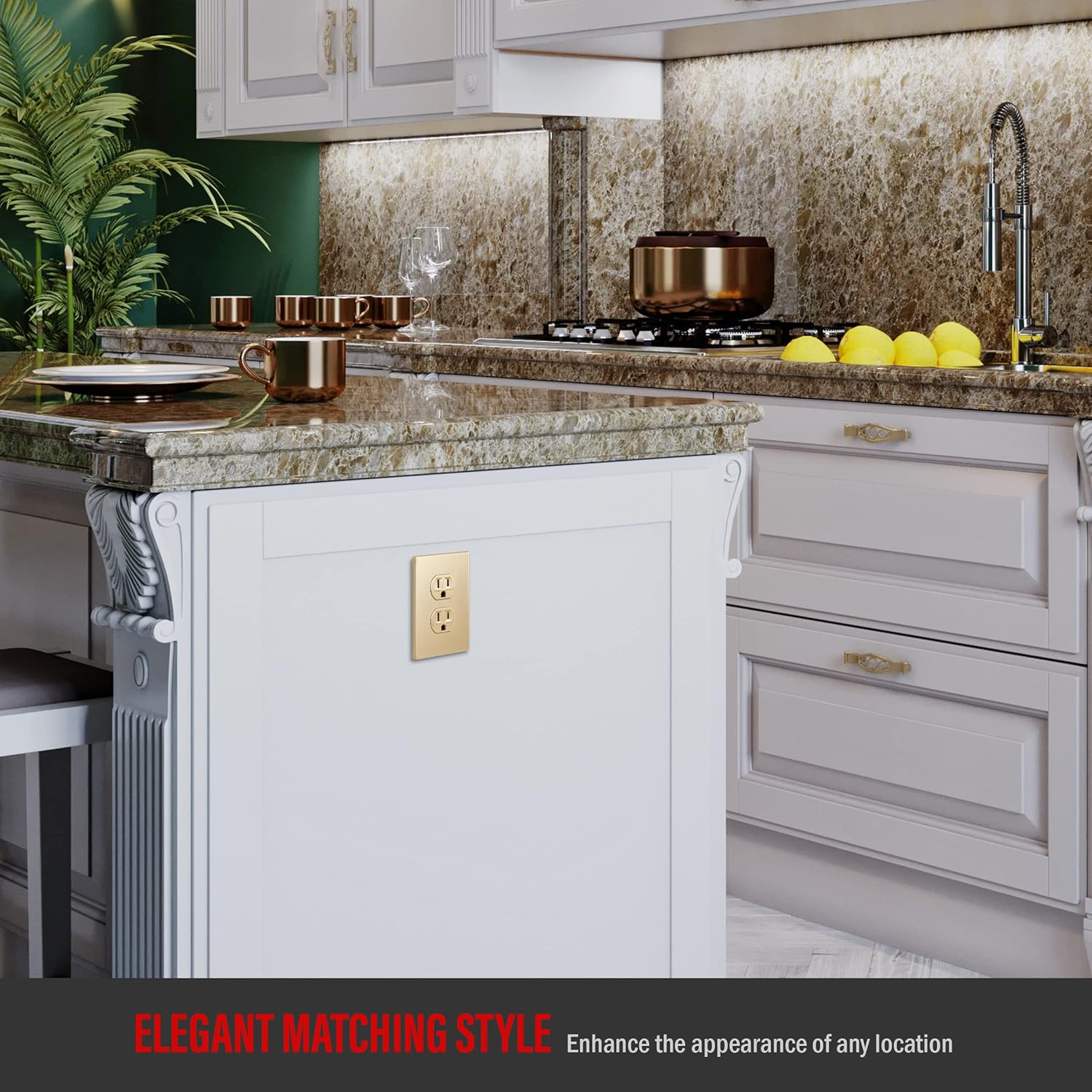 ENERLITES 61580-TR-GDWP – Receptáculo dúplex serie Elite con placa de pared sin tornillos, grado residencial, resistente a manipulaciones, 15 A 125