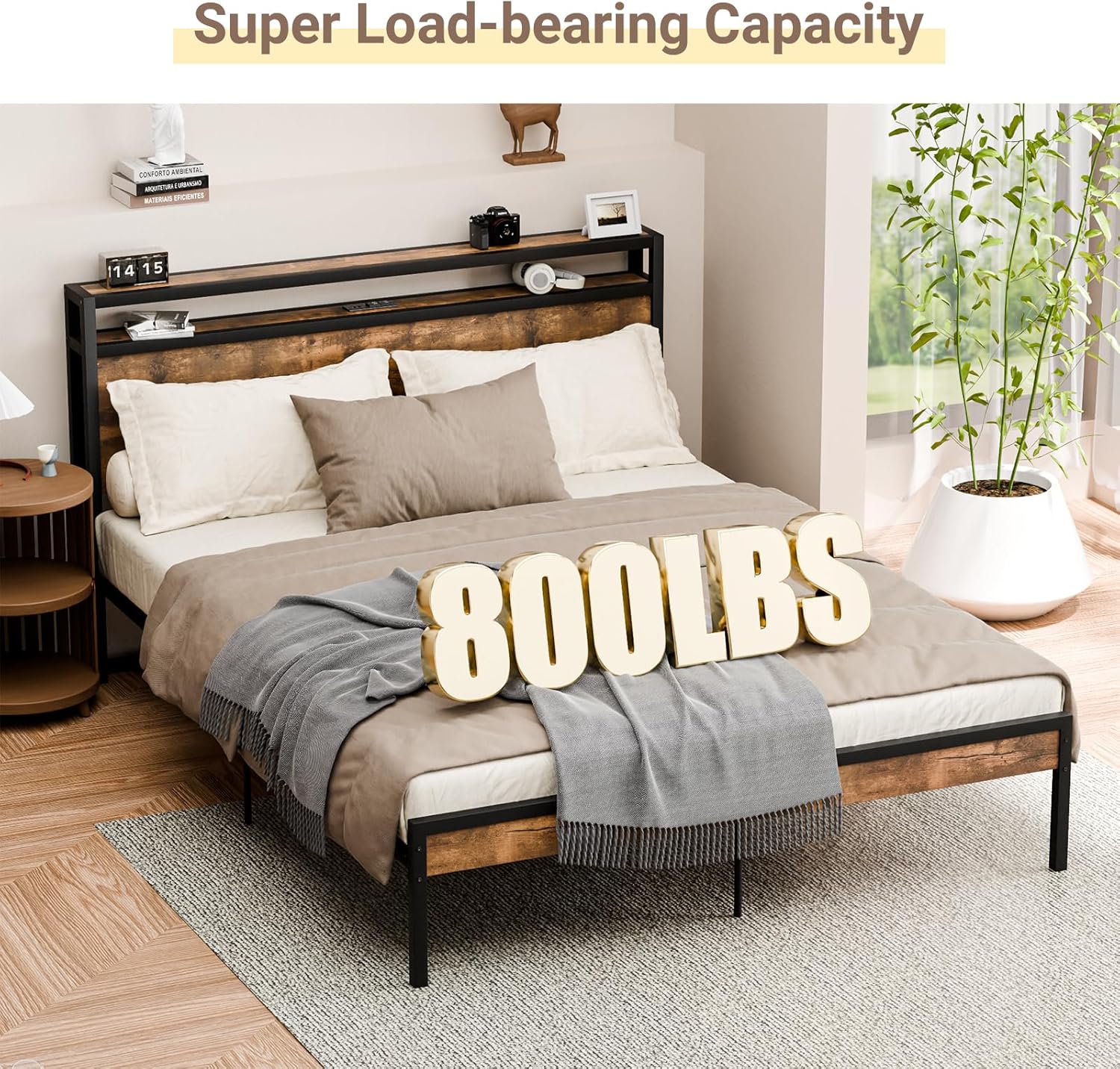 Zevemomo Base de cama Queen con estación de carga, base de cama de plataforma tamaño Queen con cabecera de estante de almacenamiento, marco de cama