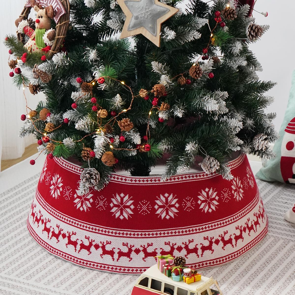 BIGTREE Collar de árbol de Navidad, anillo de árbol de Navidad de 30 pulgadas con alce de punto o a cuadros, base de árbol de Navidad para