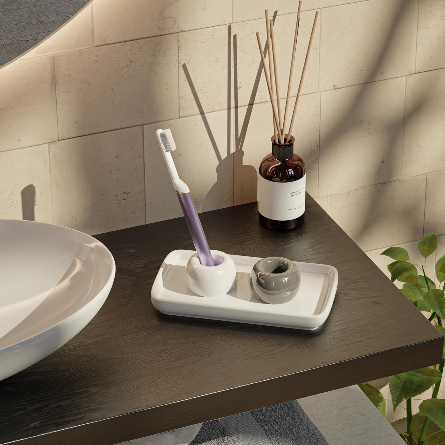 Soporte de cerámica para cepillos de dientes con bandeja para encimera de baño, soporte pequeño para cepillos de dientes con soporte para pasta de