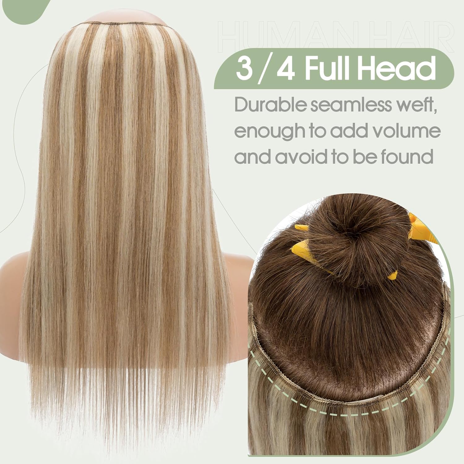 S-noilite Balayager – Extensiones de cabello humano con clip, de una pieza, 5 clips, 34 de cabeza completa, parte en V, trama de cabello más grueso,