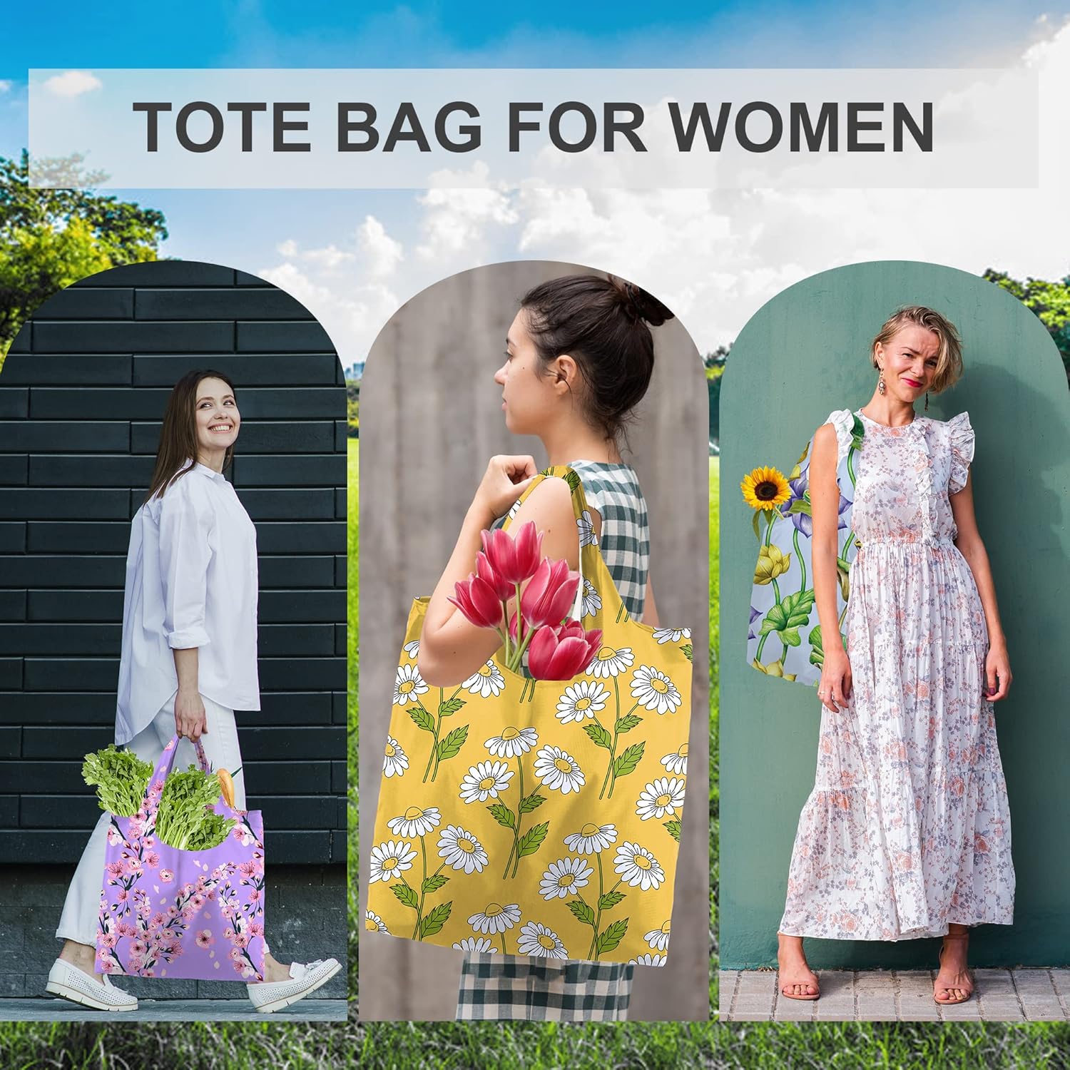 BeeGreen Bolsas de mano florales plegables reutilizables con flores, bolsas grandes para compras de comestibles, bonitas bolsas de vacaciones con