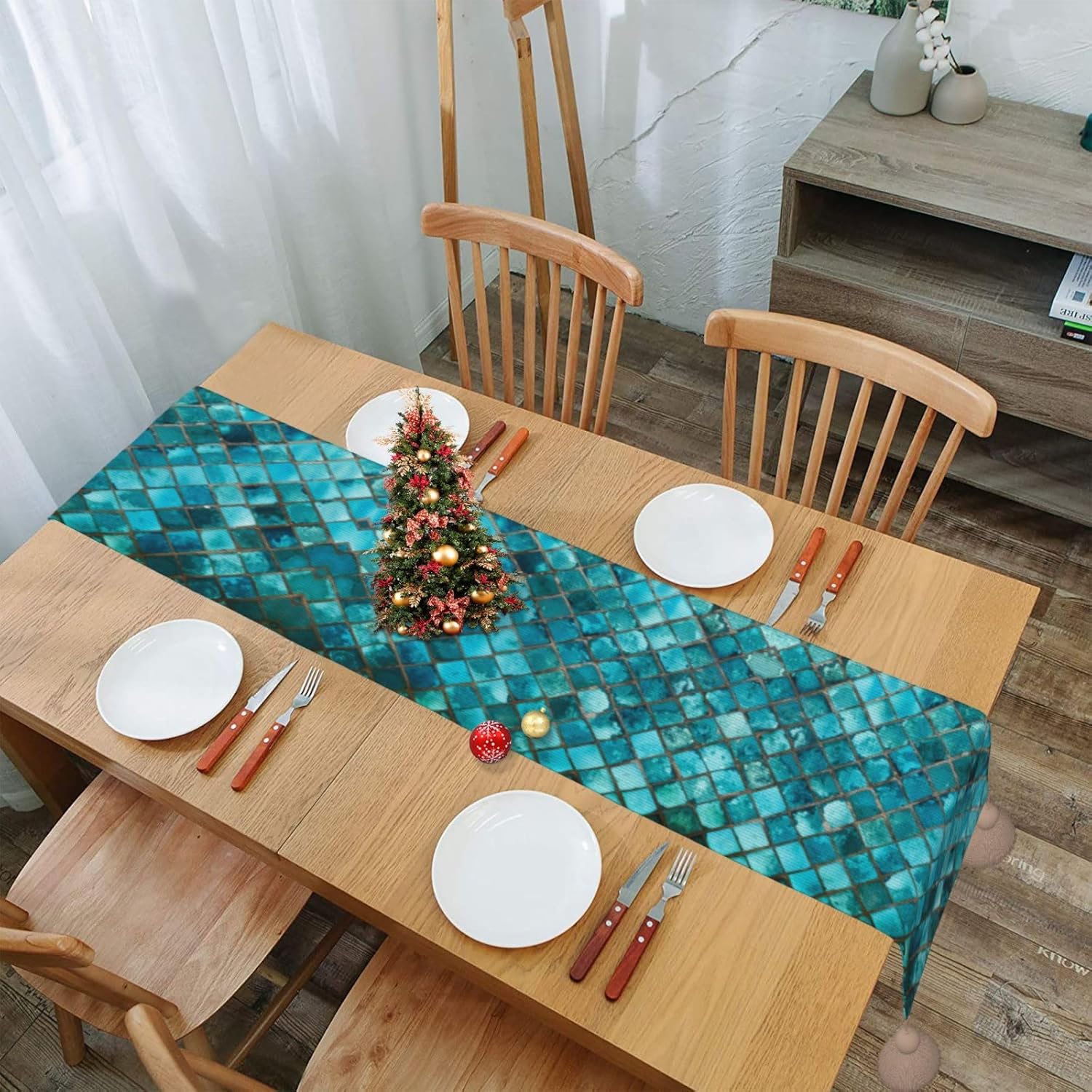 Camino de mesa de Navidad con mosaico turquesa, decoración de mesa de comedor, decoración de Navidad, decoración de interiores del hogar, caminos de