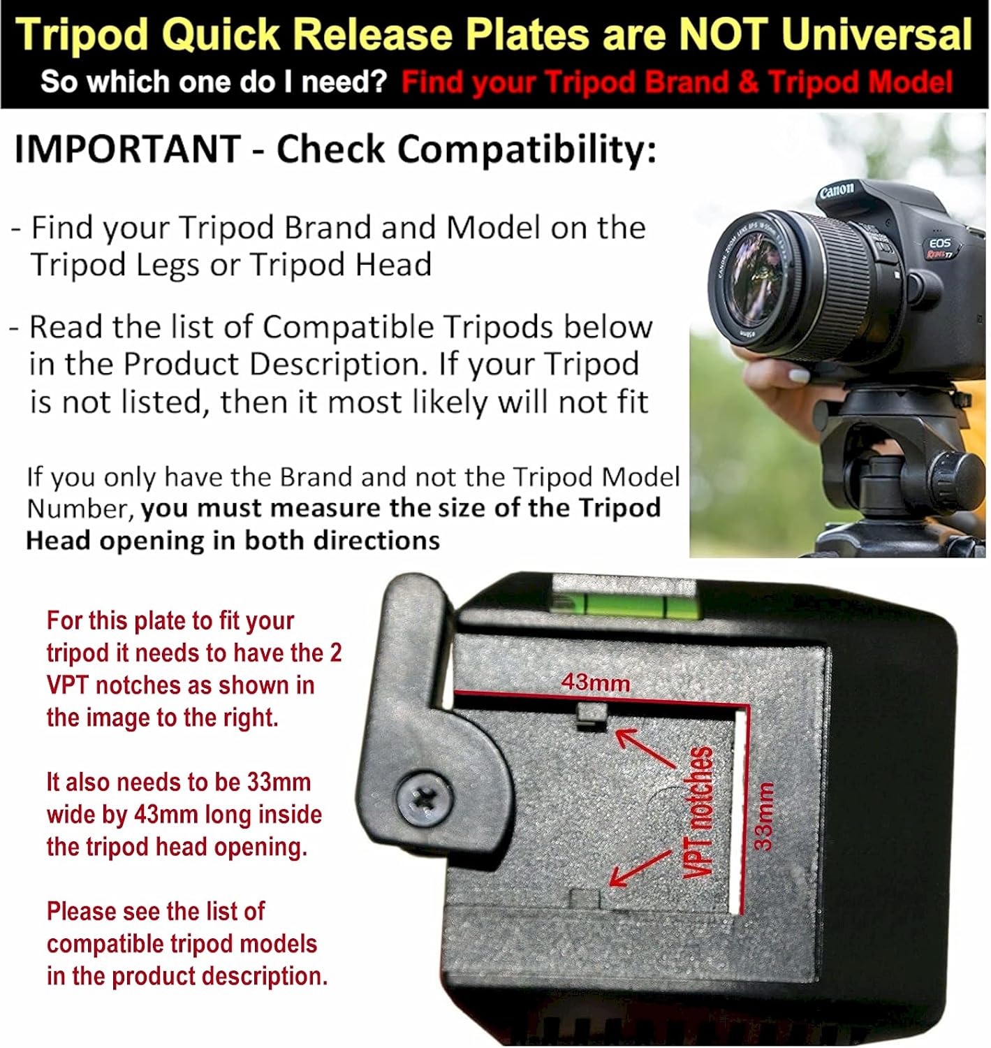 Reemplazo de piezas de placa de liberación rápida para Vivitar VPT-120 VPT-240 VPT-360 Ideal Vidpro XT-650 XT-1000 VT-70 VT-80 Barska Deluxe AF10374