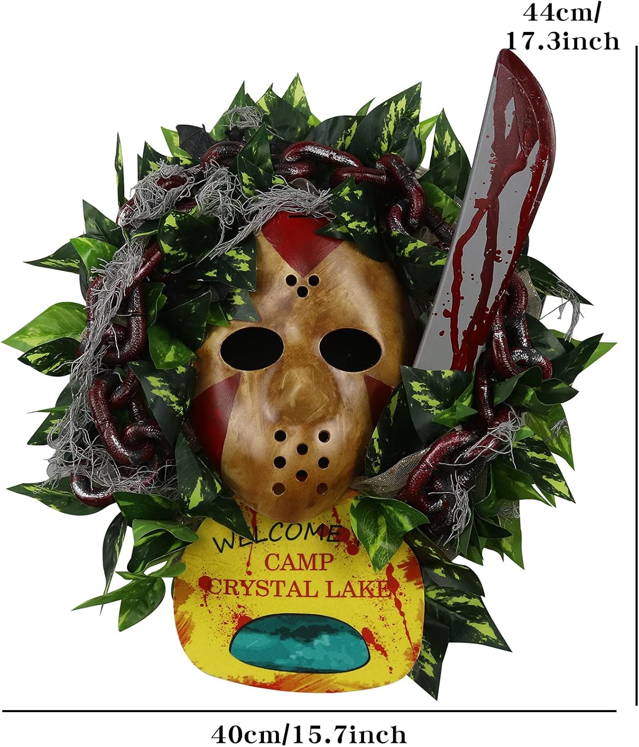 Corona de Jason de Halloween con hojas de cadena sangrientas hechas a mano, bienvenido al campamento, corona colgante para puerta delantera,