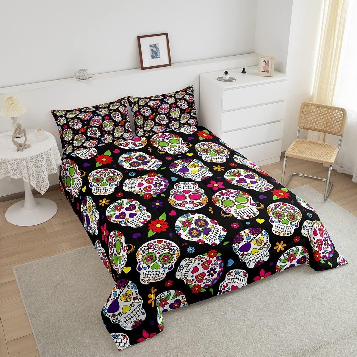 Juego de edredón de calavera de azúcar, tamaño King, juego de ropa de cama de 3 piezas con estampado de calavera humana, edredón de plumón con