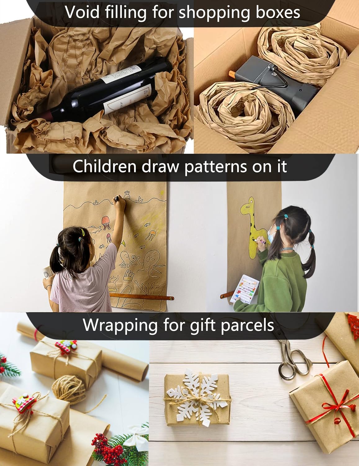 Rollo de papel kraft de 12 pulgadas x 98 pies, rollo de papel marrón para manualidades para paquete de regaloenvoltura de flores de ramodibujo de