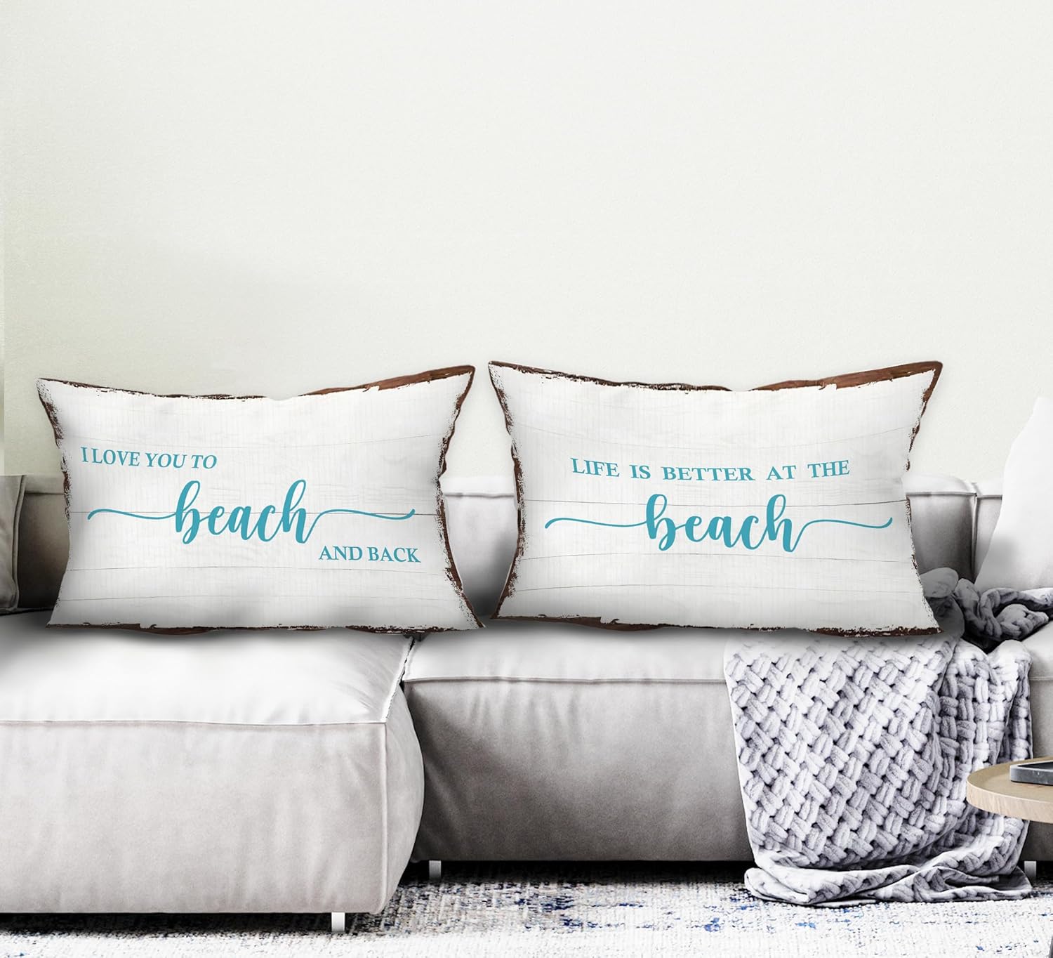 Fundas de almohada decorativas rústicas con texto en inglés “I Love You to The Beach and Back”, fundas de almohada con citas de playa costera, para