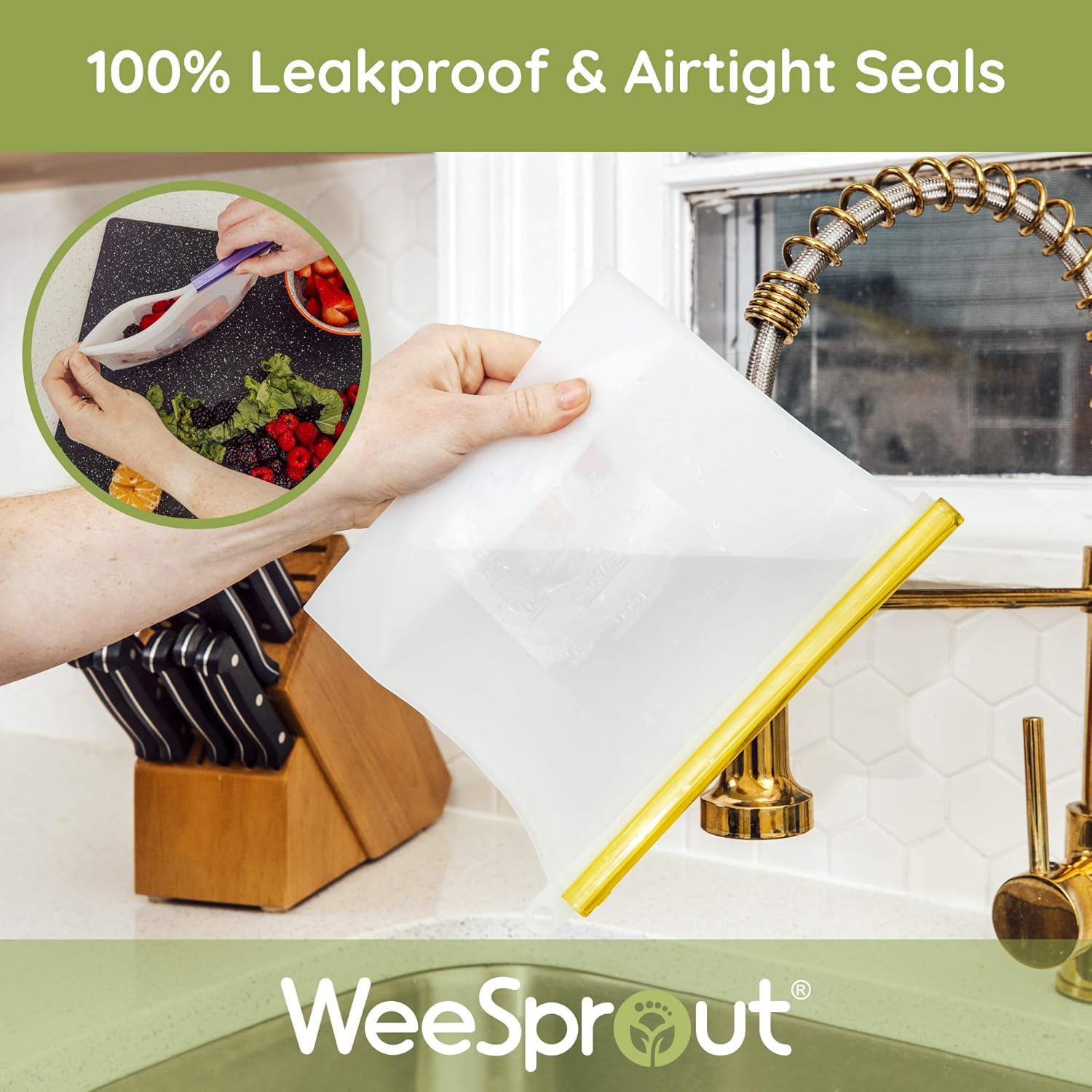 WeeSprout Bolsas reutilizables 100% de silicona para almacenamiento de alimentos, juego de 7 bolsas herméticas y a prueba de fugas (cuatro bolsas de