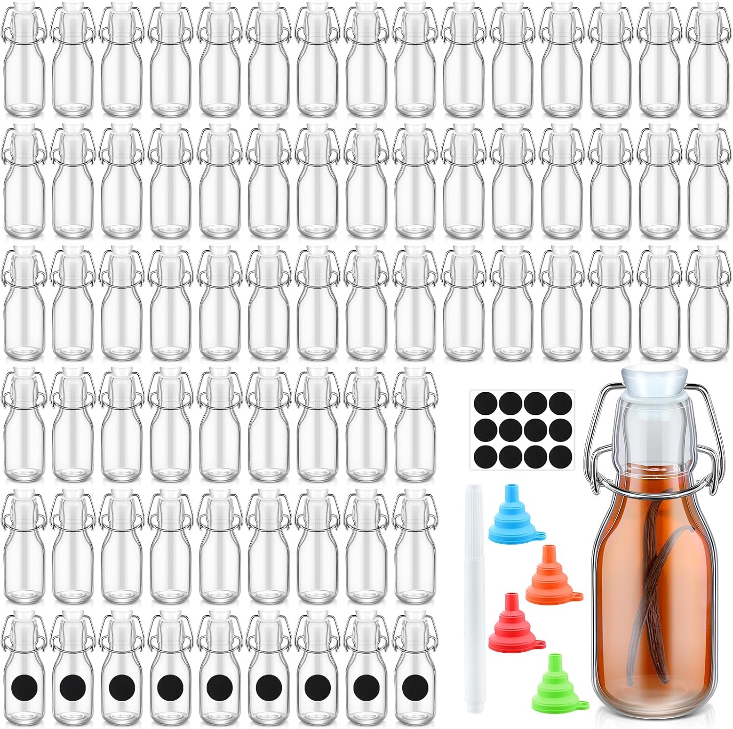 Botellas de vidrio pequeñas con tapa abatible de 3.5 onzas, botella de vidrio transparente con tapas, botellas de extracto de vainilla con