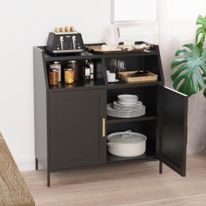 Aparador de buffet de metal negro de 32 pulgadas con dos puertas y gran espacio de almacenamiento y estante ajustable para sala de estar y comedor Aparador de buffet de metal negro de 32 pulgadas con dos puertas y gran espacio de almacenamiento y estante ajustable para sala de estar y comedor