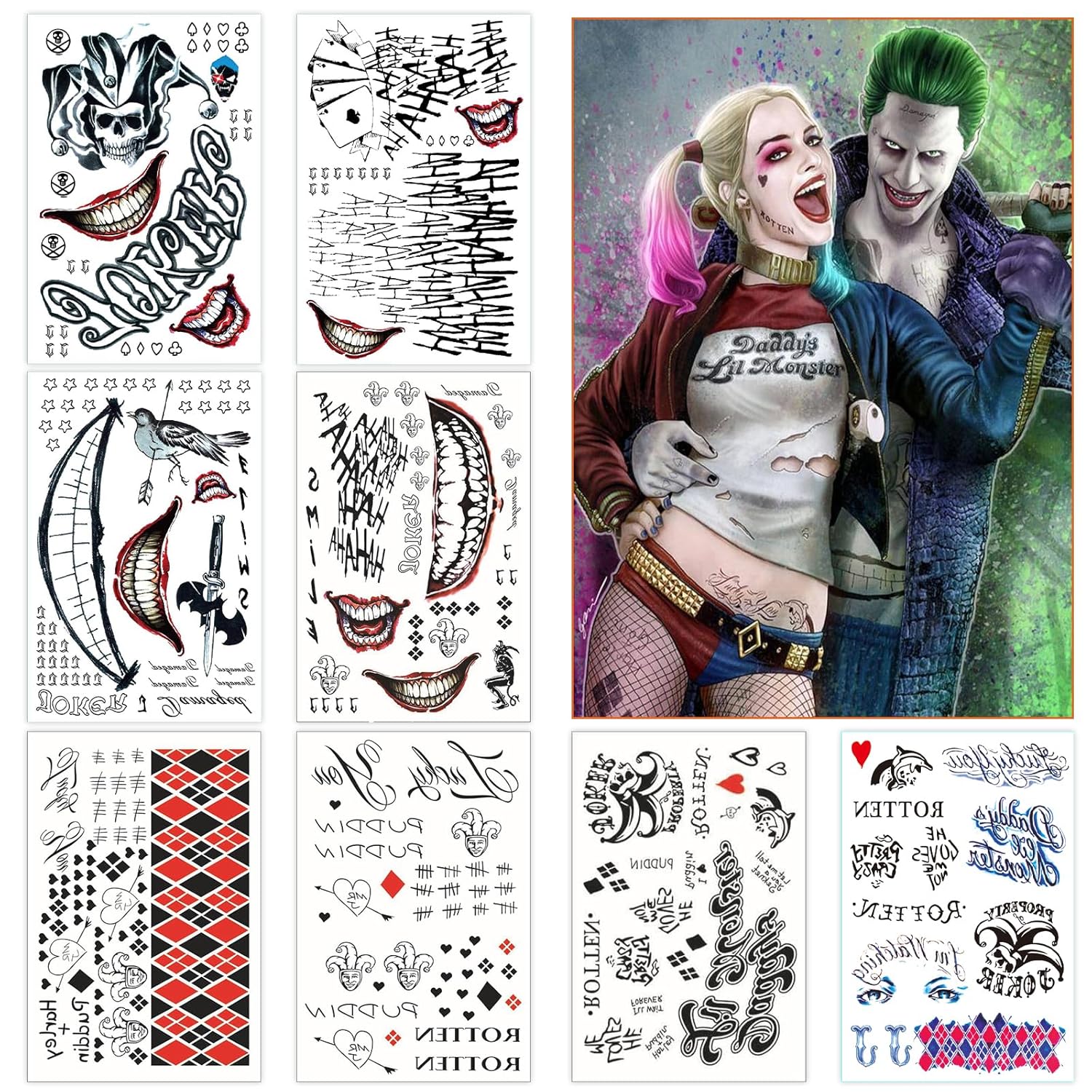 18 hojas de tatuajes de Joker HQ para mujeres y hombres, escuadrón suicida de Halloween, tatuajes temporales falsos realistas para adultos,