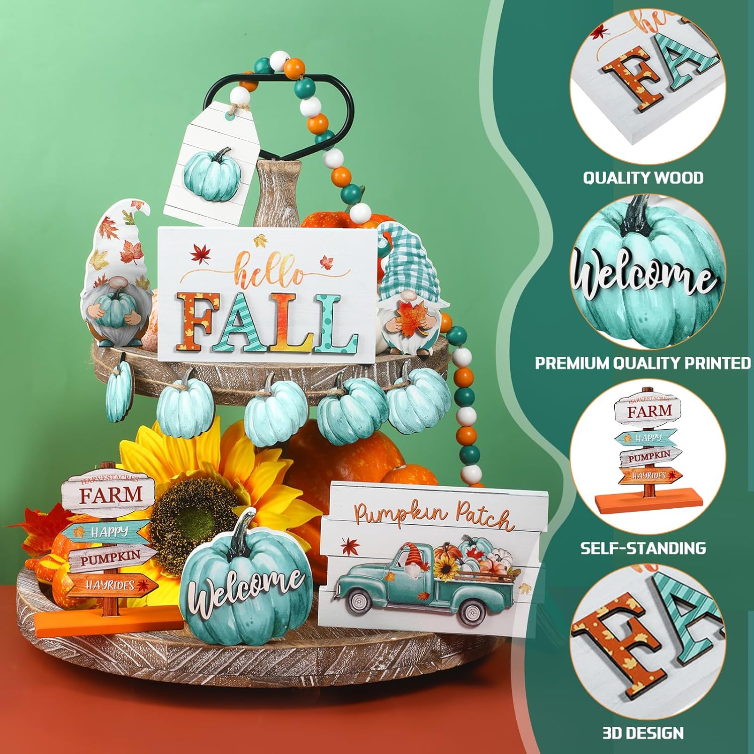 Soaoo Juego de 12 piezas de decoración de bandejas escalonadas de madera con texto en inglés “Hello Fall Pumpkin Gnomo”, letreros para otoño,