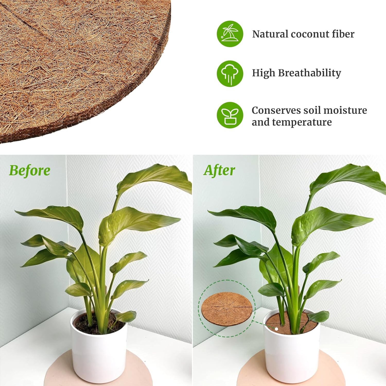 3 tapetes protectores de árboles de fibra de coco, cubierta de suelo para plantas de interior y exterior, cobertura de fibra de coco de 12 pulgadas