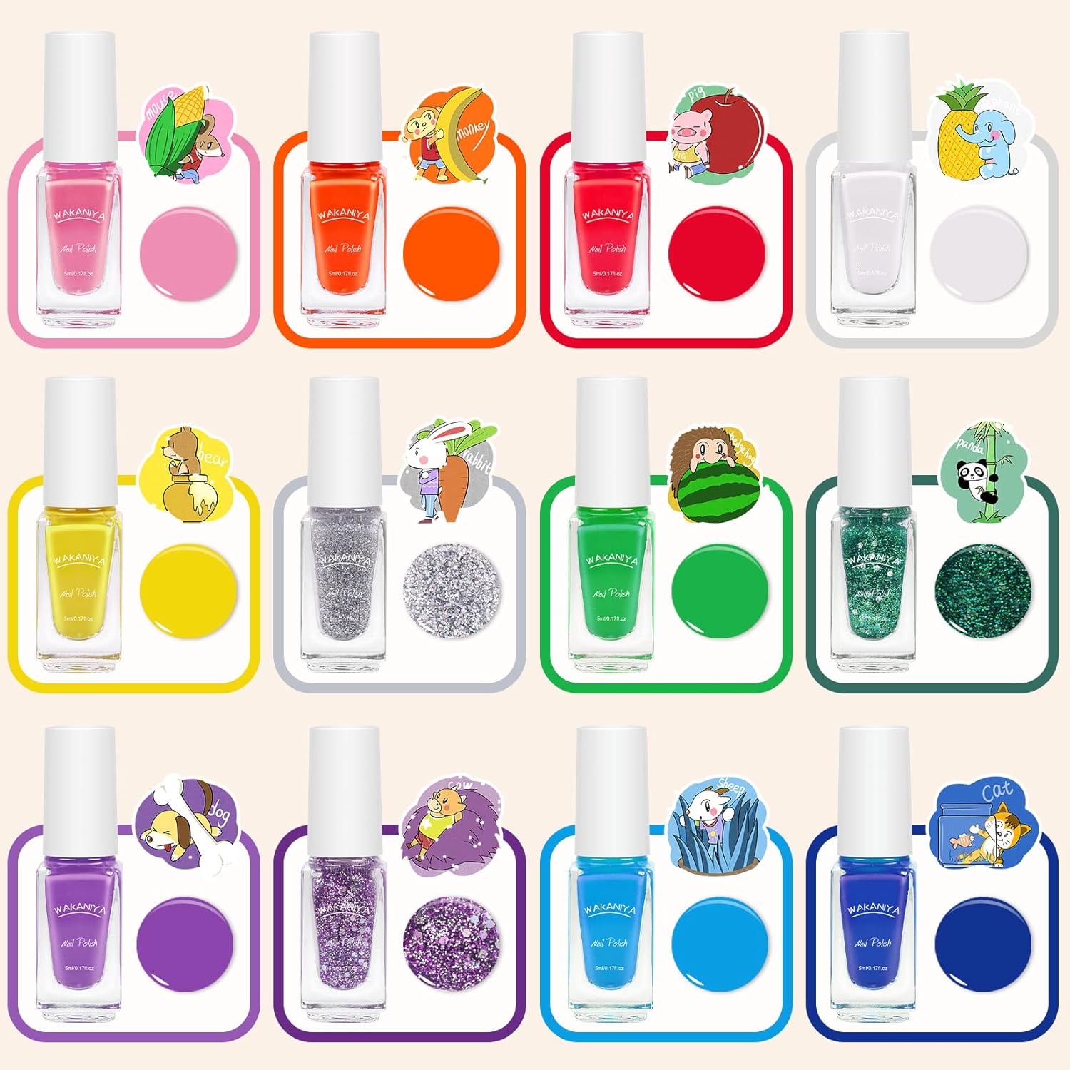 wakaniya Esmalte de uñas para niños, juego de esmalte de uñas para niñas, 12 colores arcoíris, kit de esmalte de uñas para niños pequeños con