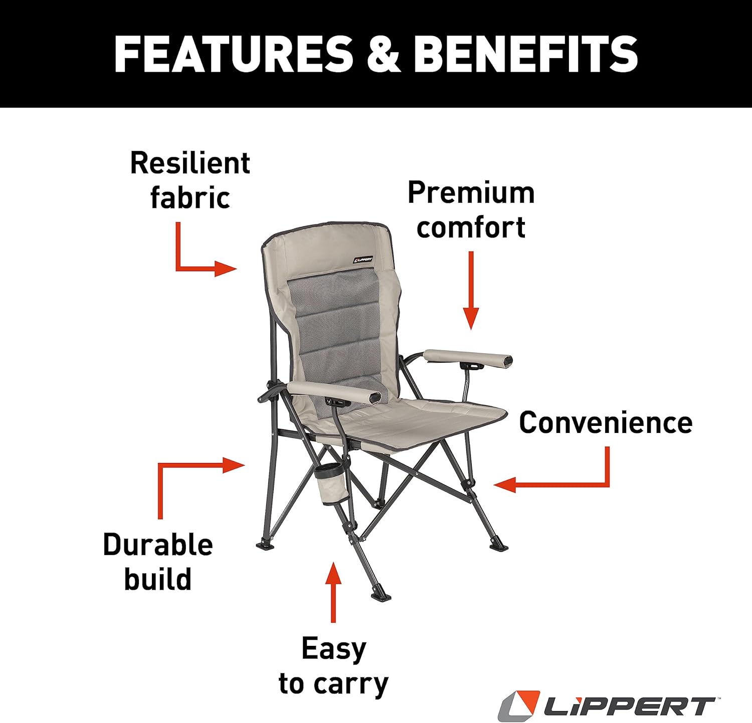 Lippert Scout Silla plegable para exteriores para camping, plegable, marco de tubo de acero, poliéster 600D, revestimiento de PVC resistente a los