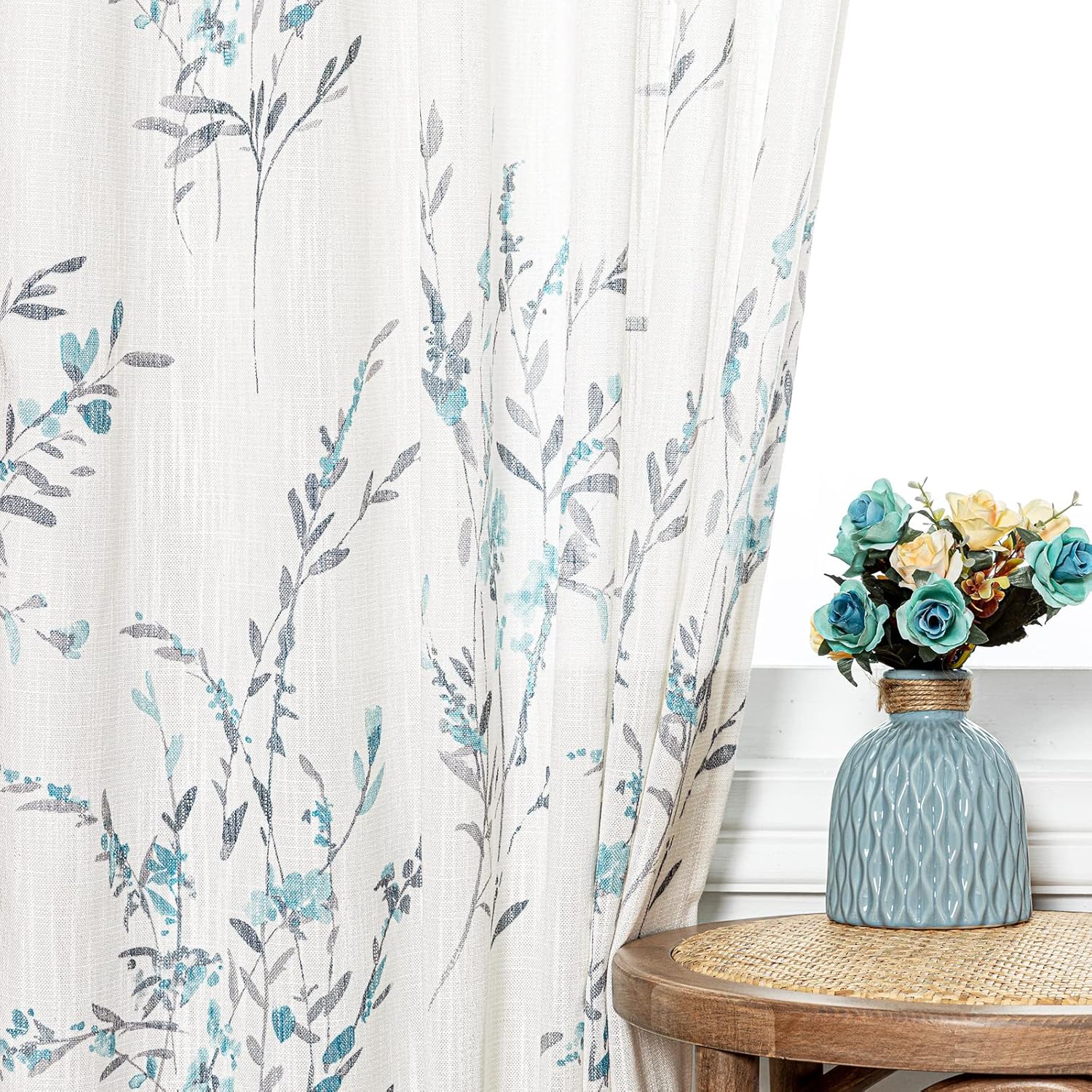 MYSKY HOME Cortinas de sala de estar de 108 pulgadas de largo para ventanas, cortinas de lino traslúcido mezclado con estampado floral, privacidad