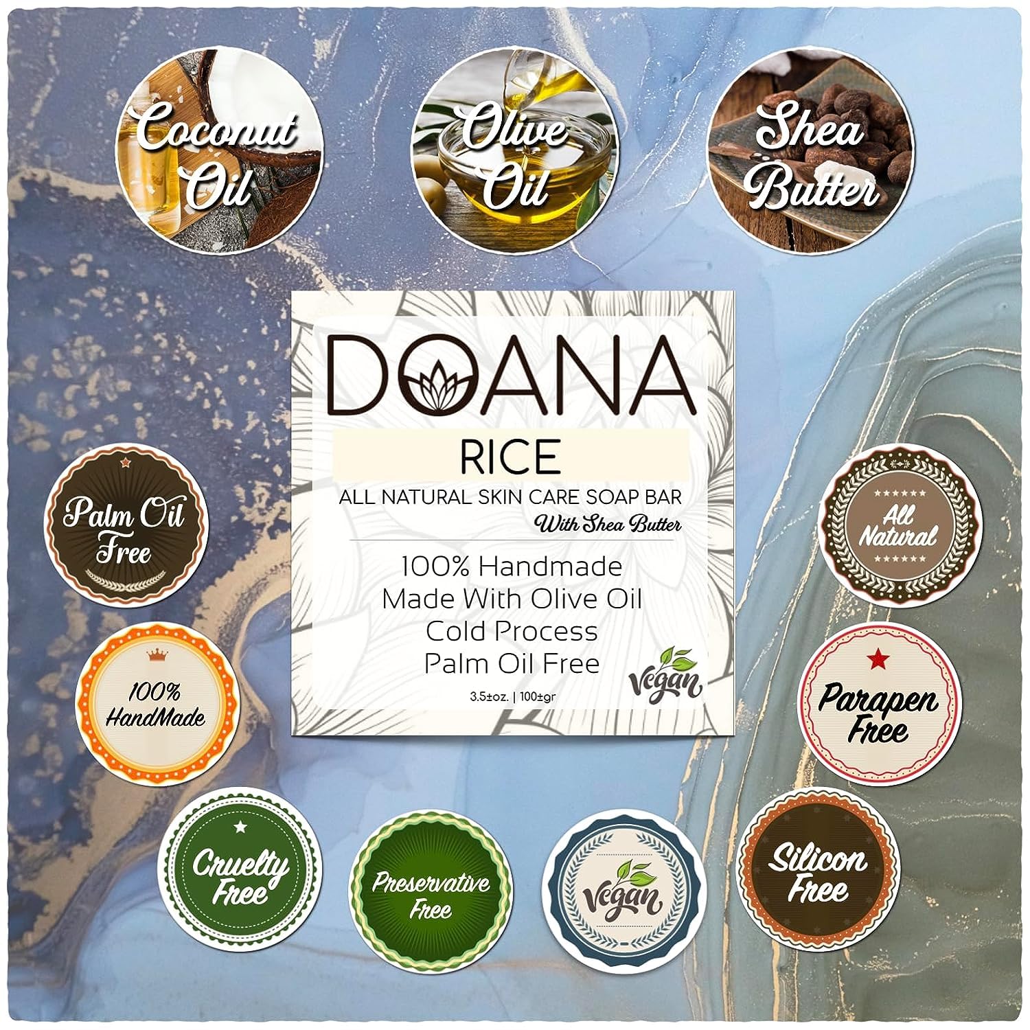 Barra de jabón de arroz, ahora con manteca de karité, vegana con aceite de oliva y aceite de coco, sin aceite de palma, hidratante e iluminadora