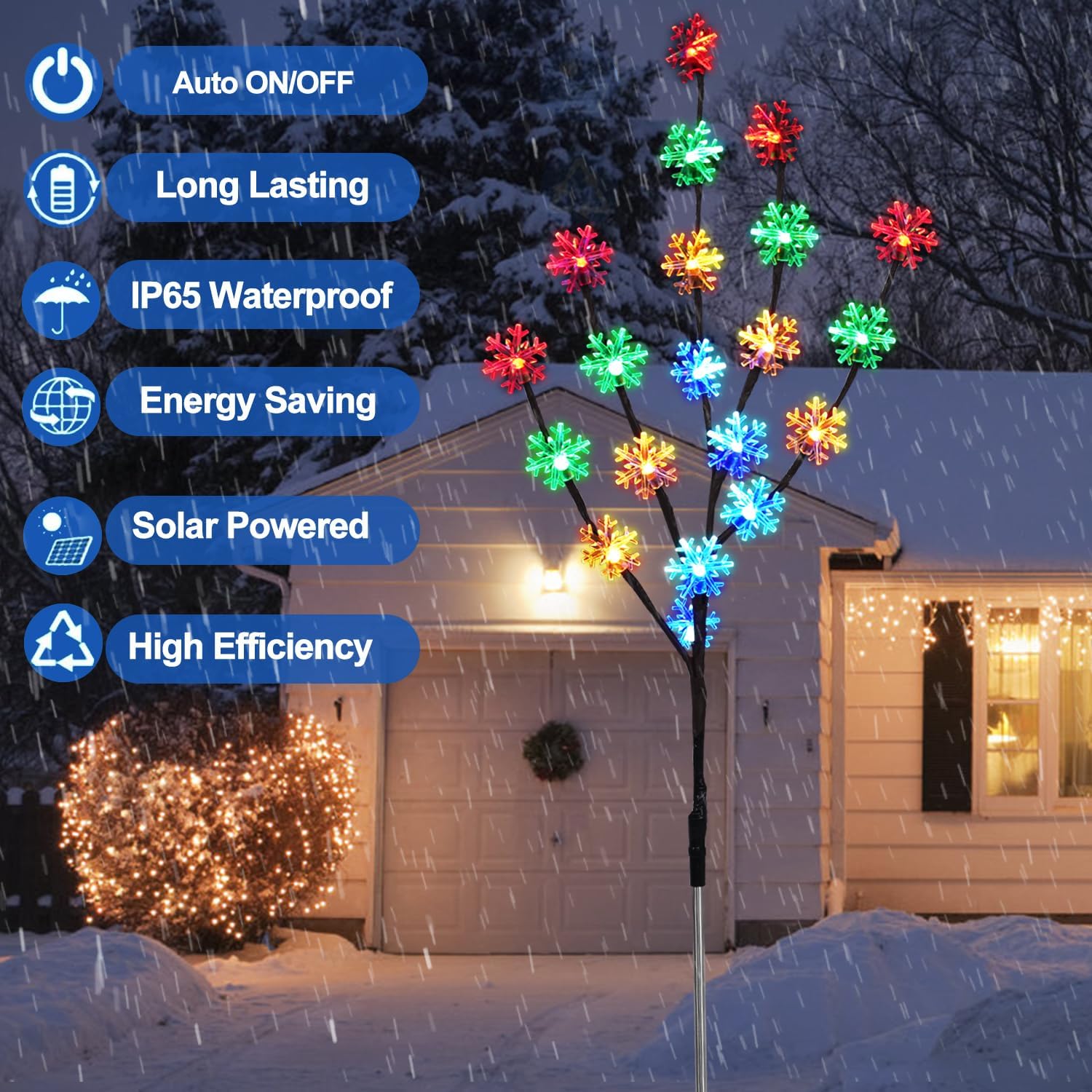 Aovciust Decoraciones de Navidad al aire libre, 4 juegos de luces solares para árbol de Navidad con 80 luces C6 multicolor de copo de nieve,