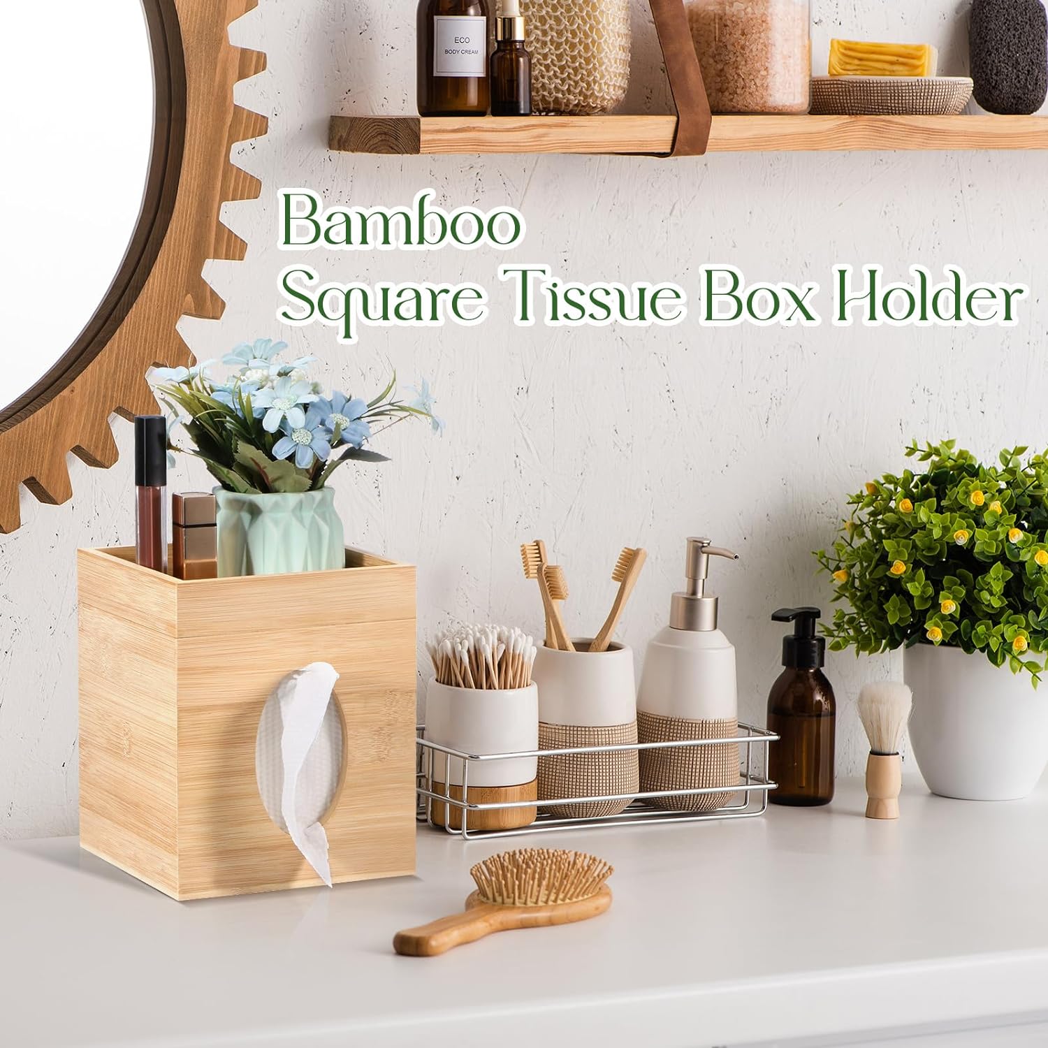 Funda para caja de pañuelos, cubierta de bambú para caja de pañuelos con bandeja de almacenamiento, cubierta cuadrada para caja de pañuelos para