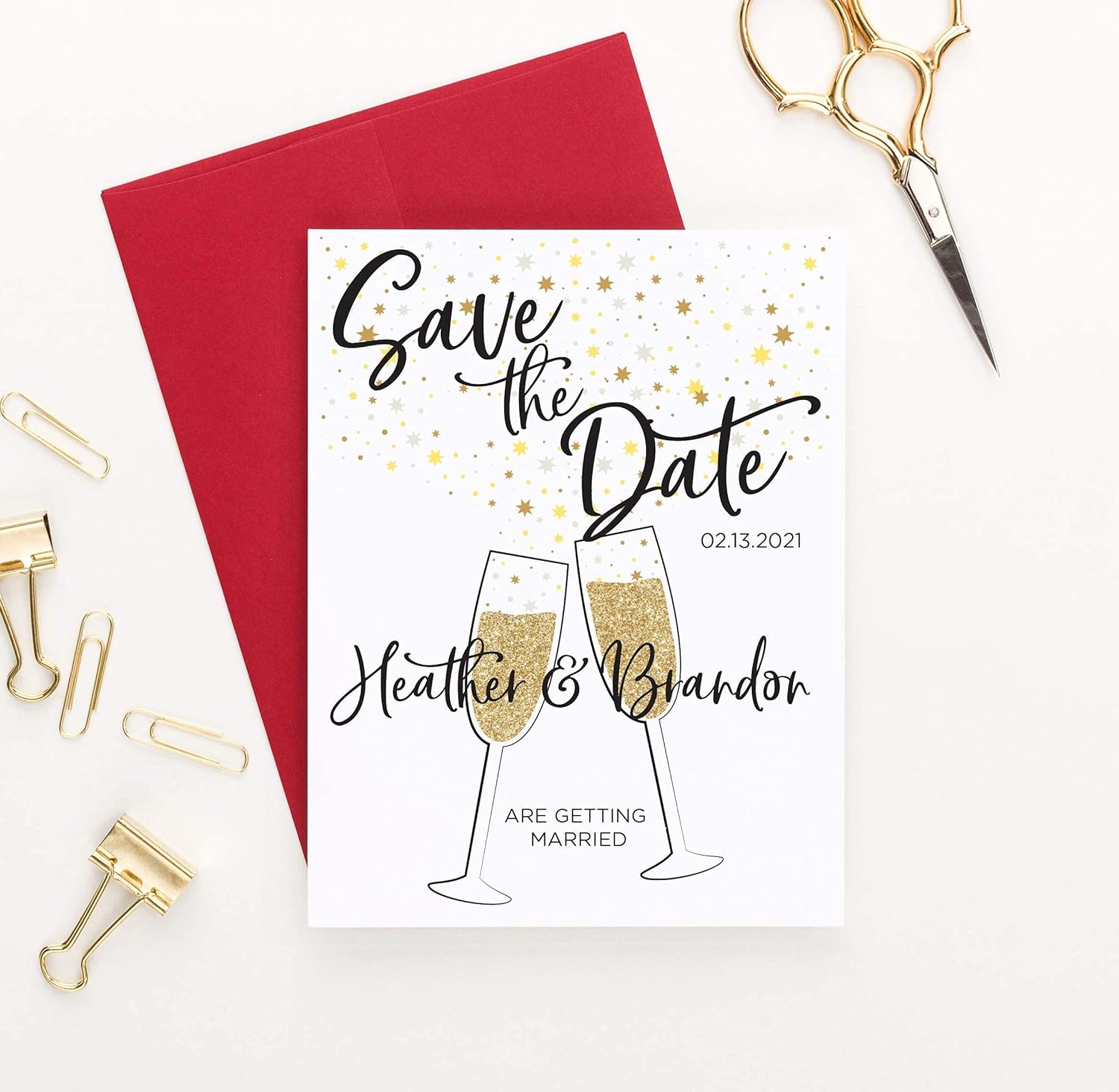 Modern Save the Dates with Envelopes, Champagne Toast, Gold and Black, Your choice of Quantity and Envelope Color