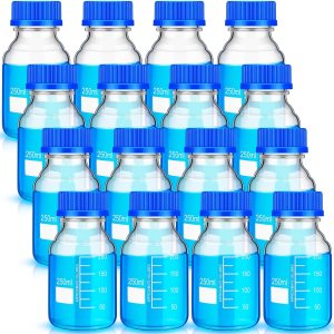 16 botellas de almacenamiento de medios, botella de vidrio de almacenamiento de borosilicato, botella científica redonda graduada con tapa de rosca 16 botellas de almacenamiento de medios, botella de vidrio de almacenamiento de borosilicato, botella científica redonda graduada con tapa de rosca