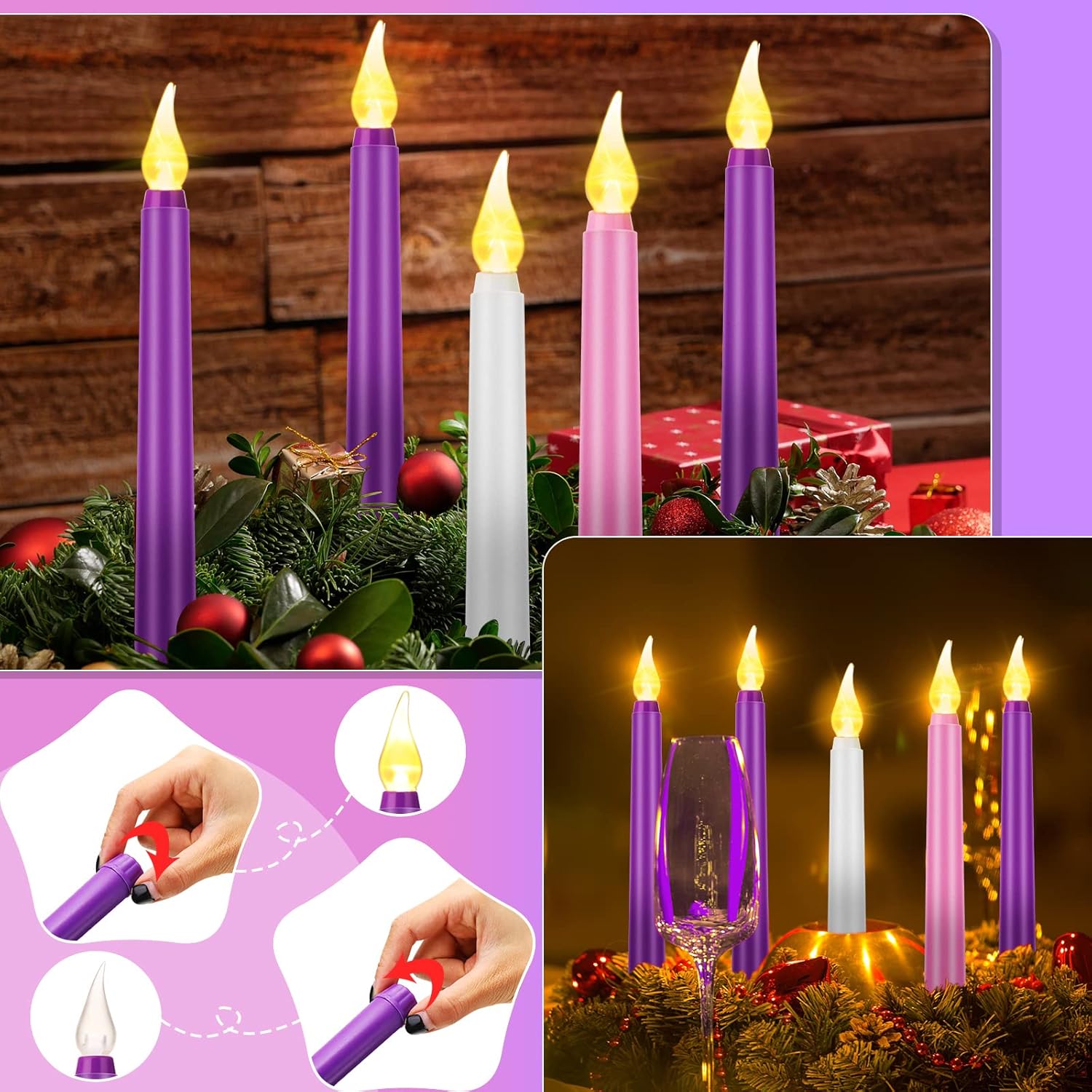 5 velas de adviento sin llama, velas de Adviento LED para Navidad, rituales de Adviento festivos, iglesia, celebración, decoración del hogar (estilo