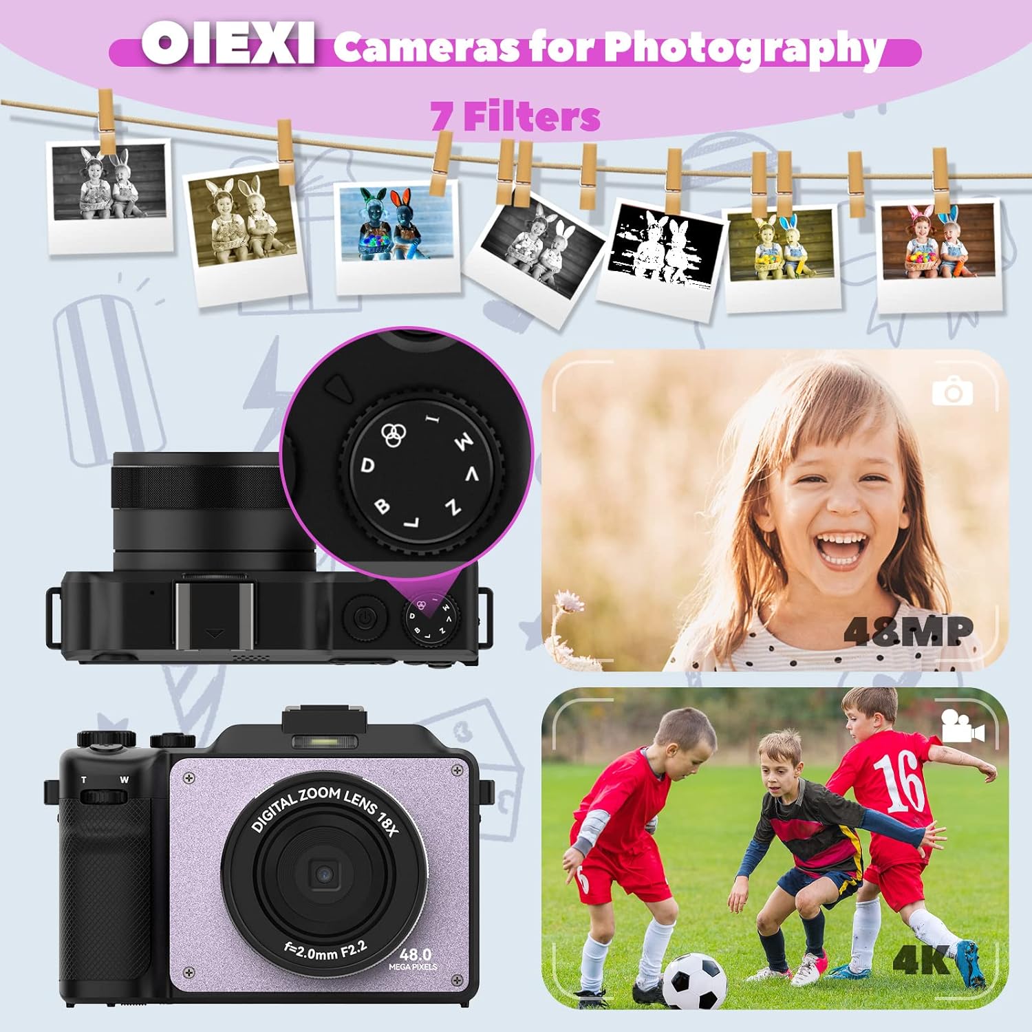 Cámara de 48MP para fotografía, cámara digital 4K para niños y adultos con cámaras duales delanteras y traseras, zoom digital de 18X, filtros de