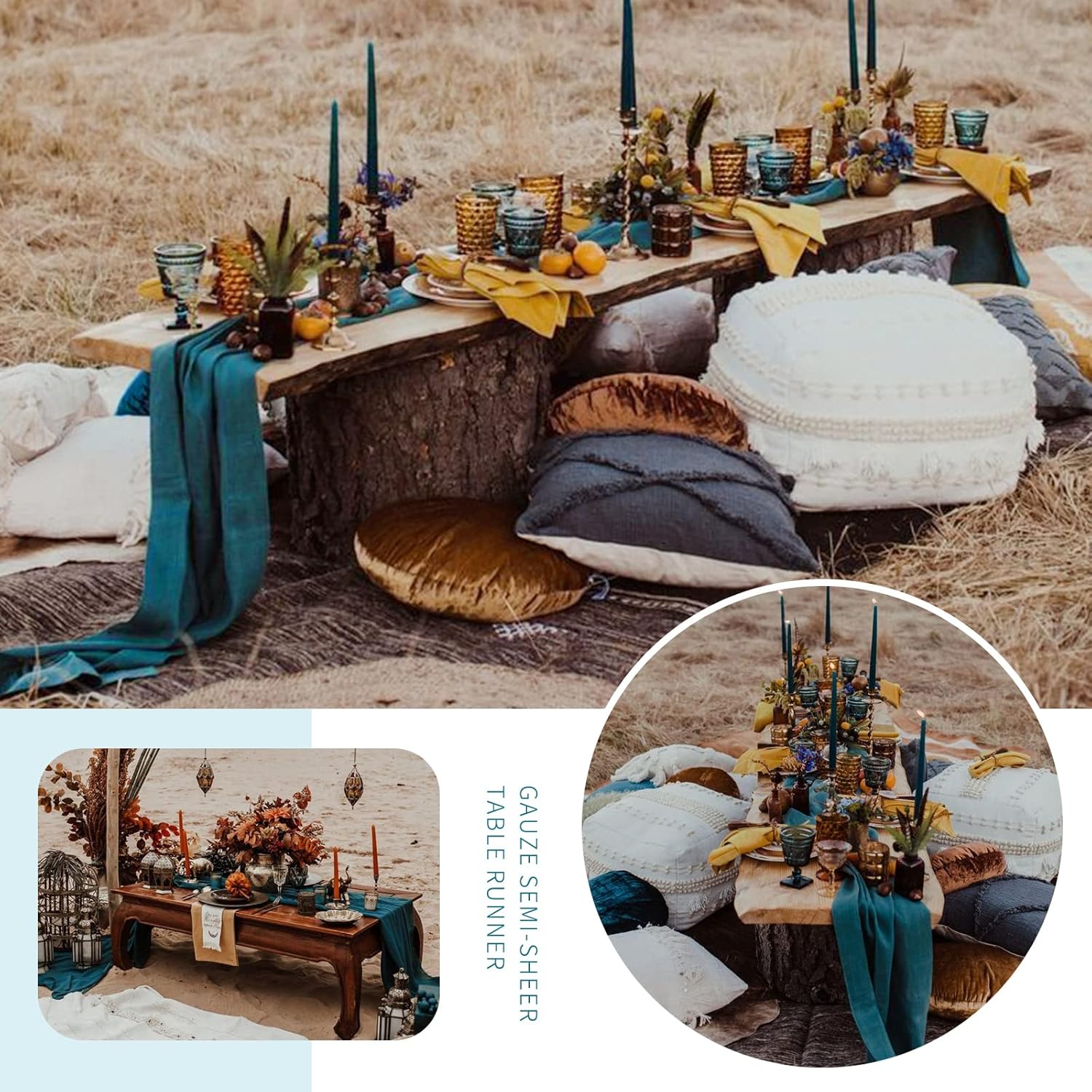 Paquete de 6 caminos de mesa de gasa semitransparentes color verde azulado de 10 pies, mantel de gasa bohemio rústico para decoración de bodas,