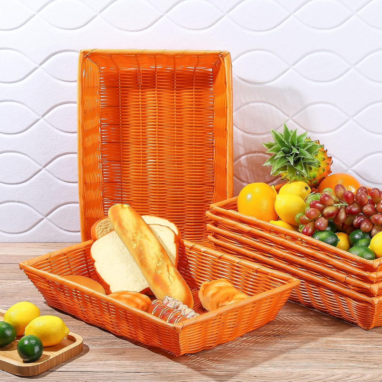 Paquete de 6 cestas de pan de mimbre de polietileno, 16 pulgadas, cestas de pan tejidas de ratán de imitación rectangular, apilable, cesta de mimbre