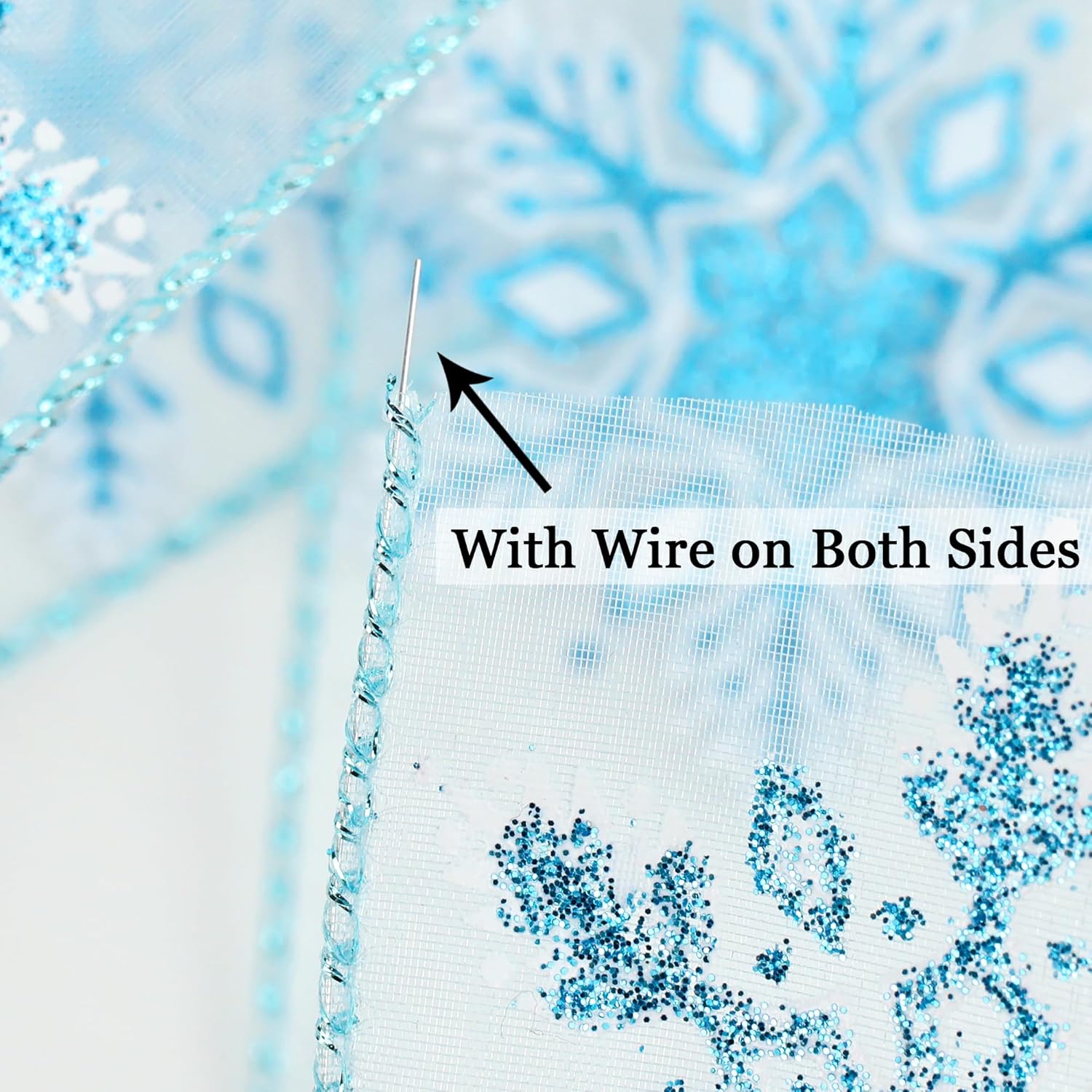 HUIHUANG Cinta de copo de nieve con purpurina, cinta de copo de nieve azul y blanca para árbol de Navidad, 2-12 pulgadas x 25 yardas, cinta de