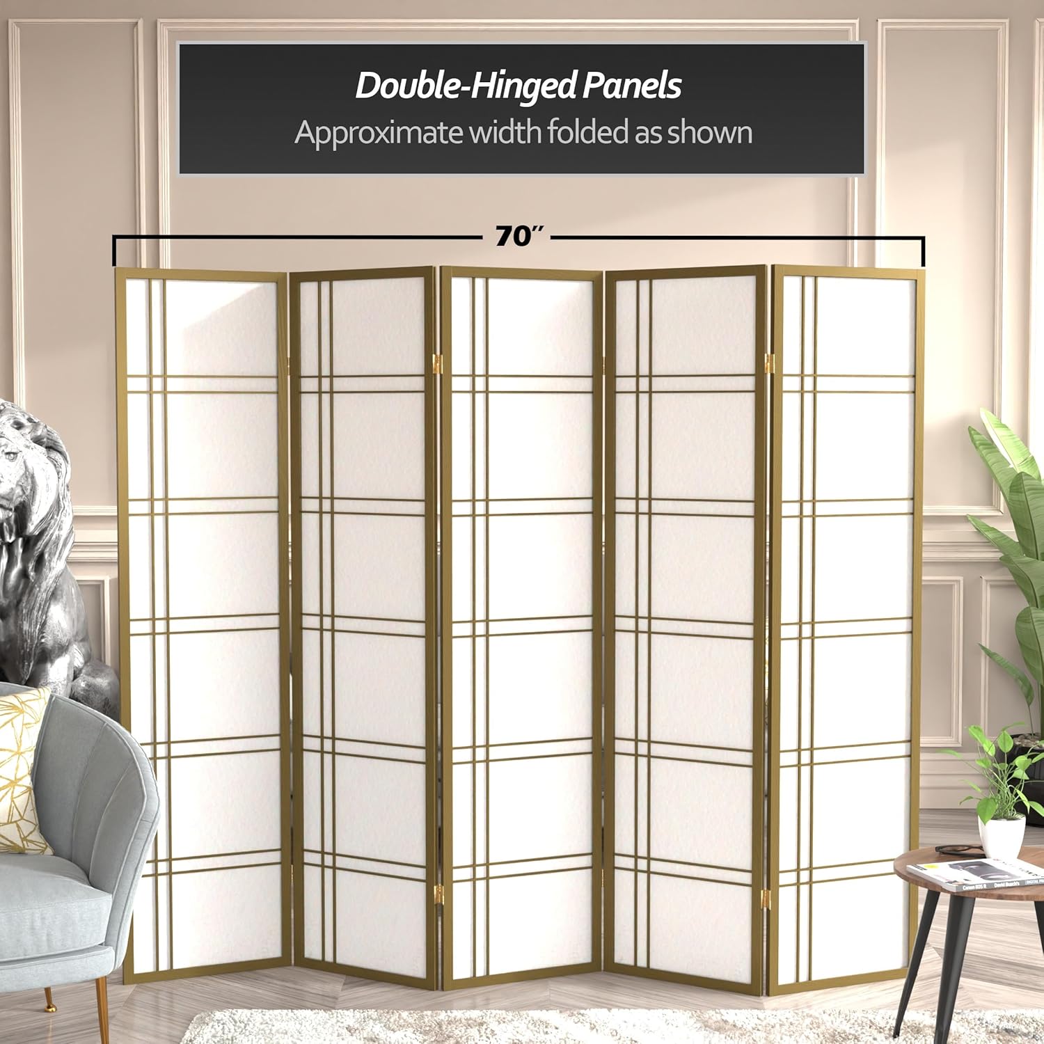 Oriental Furniture – Pantalla Shoji de doble cruz de 6 pies de alto, edición especial, color dorado, 5 paneles
