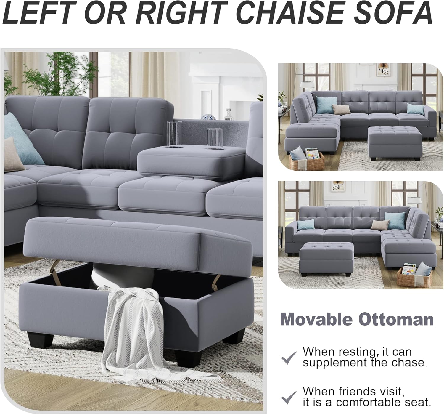 Sofá modular modular, muebles de sala de estar modernos con diván reversible, sofá tapizado de terciopelo en forma de L con otomana de