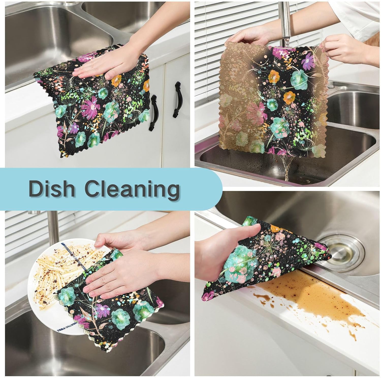 FRODOTGV Watercolor Floral Bouquet Wildflowers Cotton Print Kitchen Towels and Dishcloths Sets Fast Drying Set of 6 Microfiber Drying Towels for Car