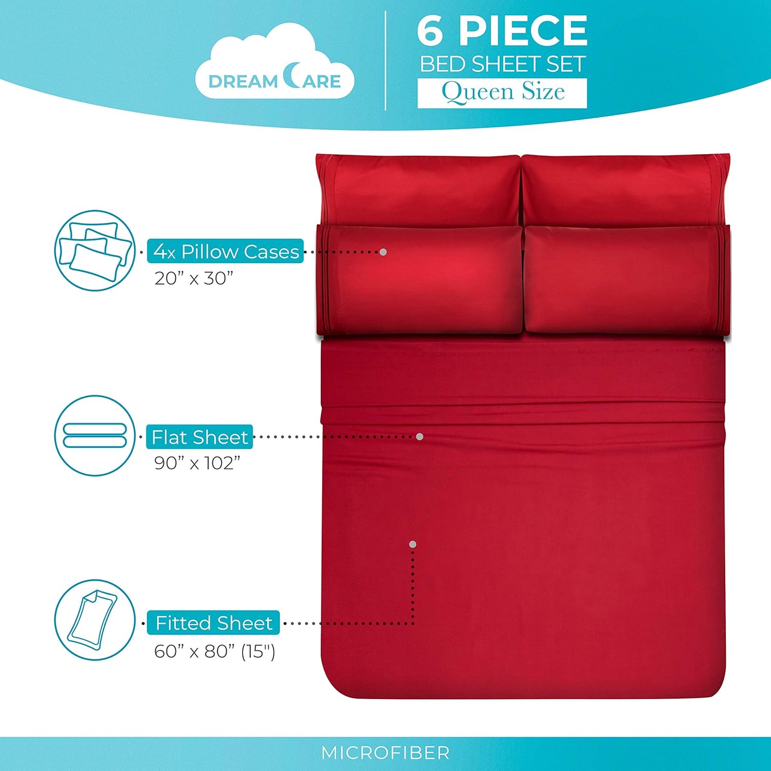 DREAMCARE – Juego de sábanas de tamaño Queen, 6 piezas, refrescantes, suaves y duraderas, 100% poliéster de microfibra de cepillado fino, con