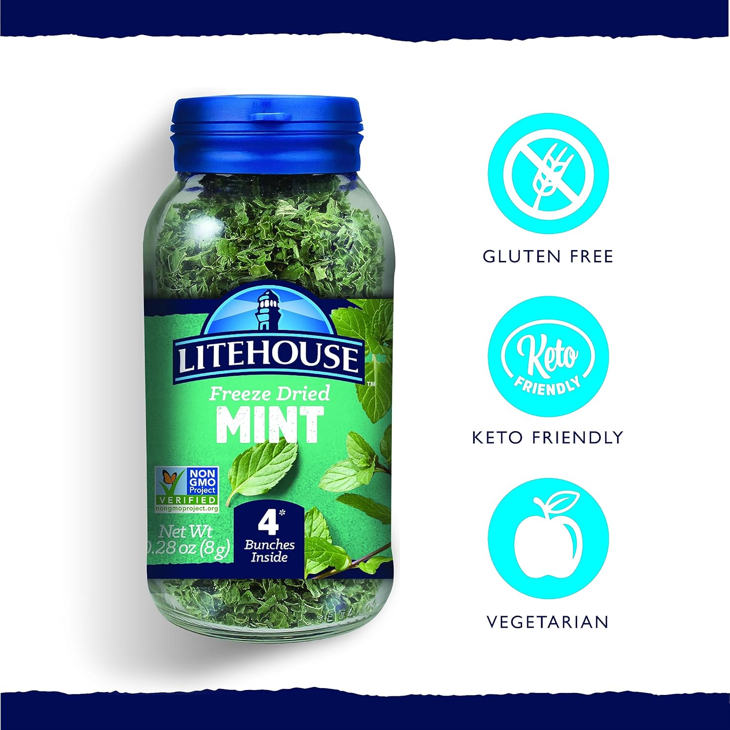 Litehouse Menta liofilizada  Sustituto de menta fresca, tarro igual a 4 racimos de menta fresca, orgánico, condimento de menta, sin OMG, sin gluten,