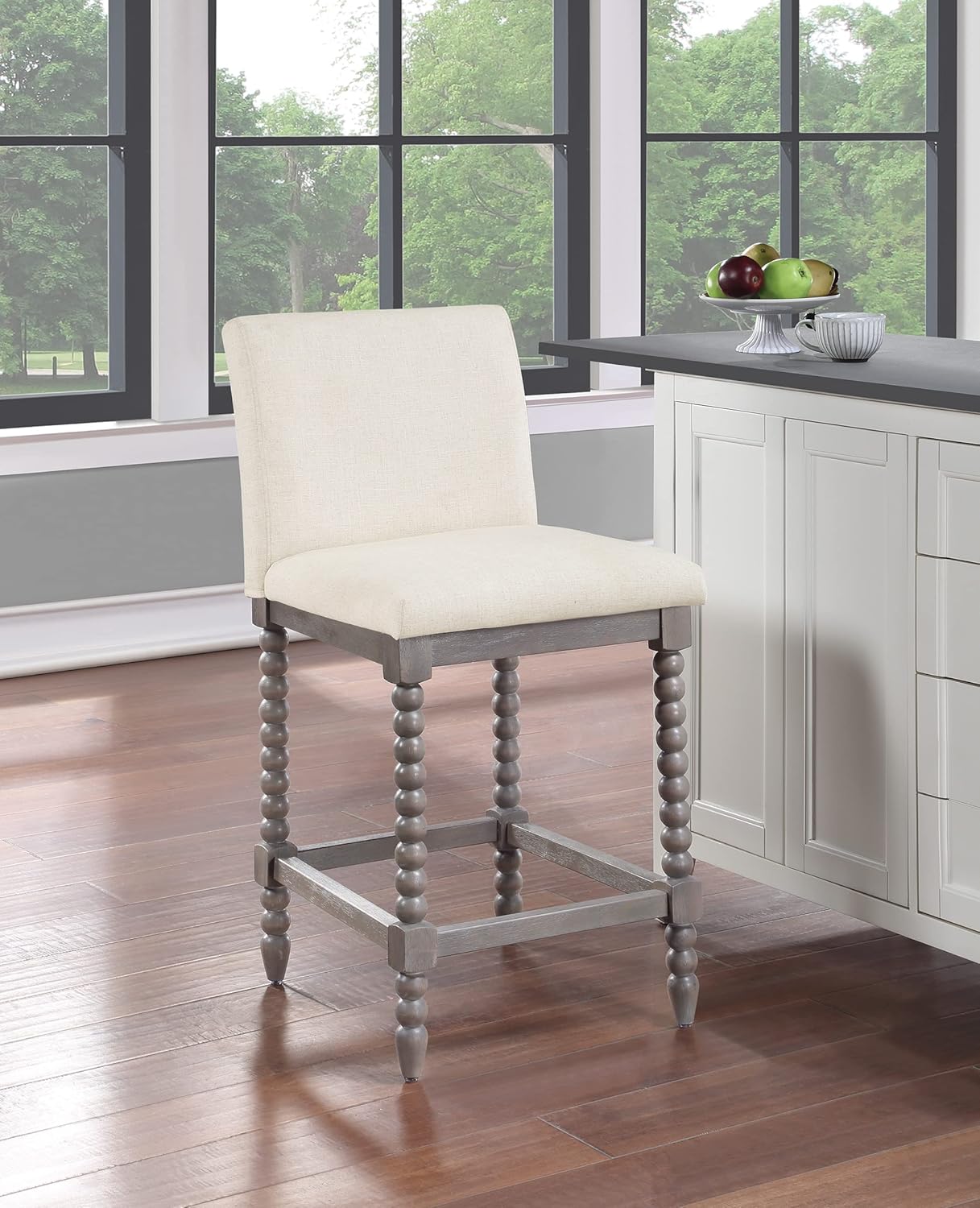 OSP Home Furnishings Abbott Spindle – Taburete de mostrador con asiento acolchado de resorte y base gris cepillado, tela de lino