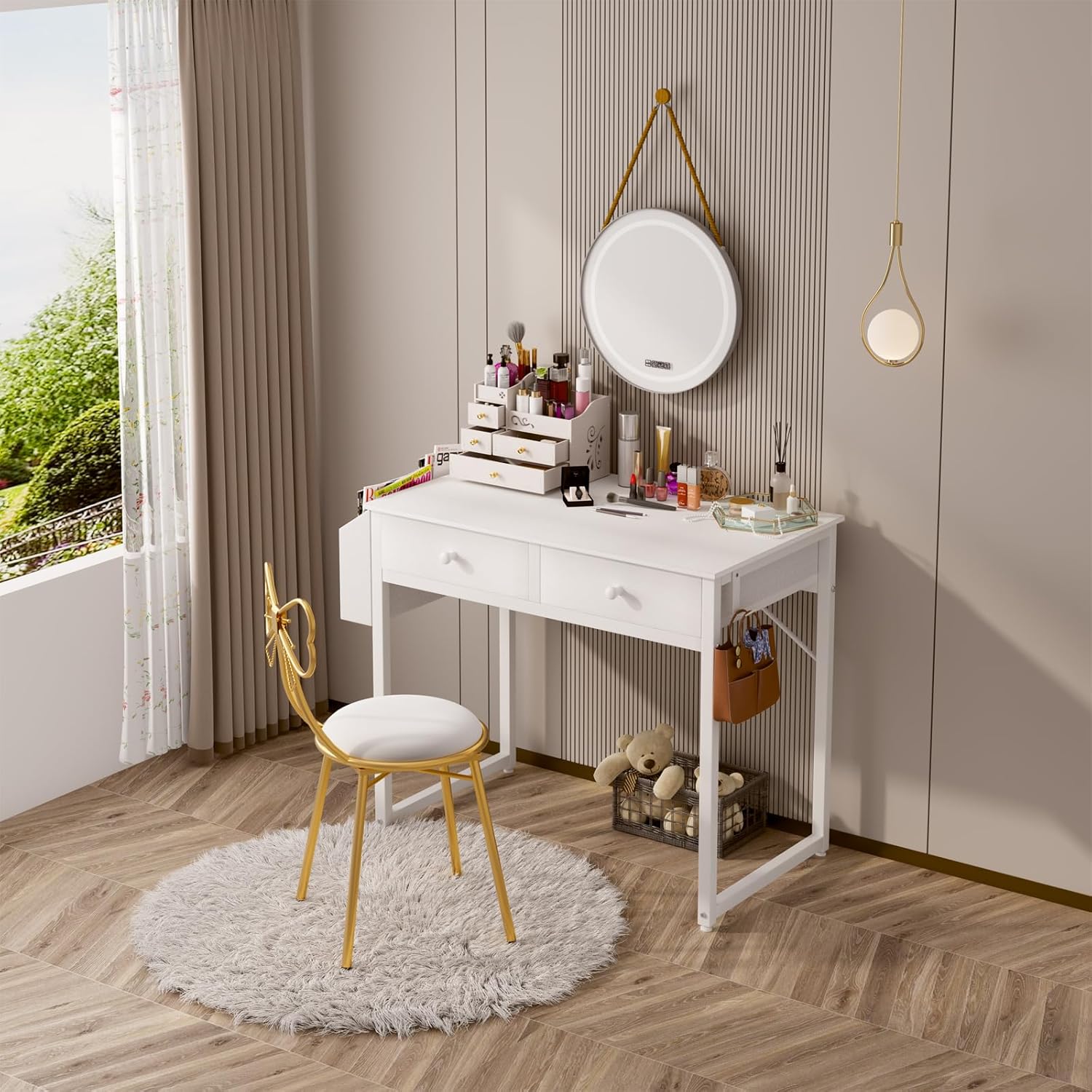 Lufeiya Escritorio pequeño blanco con cajones, para dormitorio, escritorio de computadora de oficina en casa de 32 pulgadas con cajón de