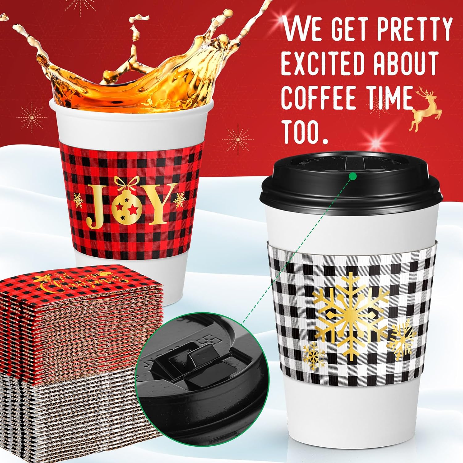 Meanplan Tazas de café desechables de Navidad de 12 onzas con tapas, popotes y fundas de papel de Navidad, tazas de papel de café con tapas planas