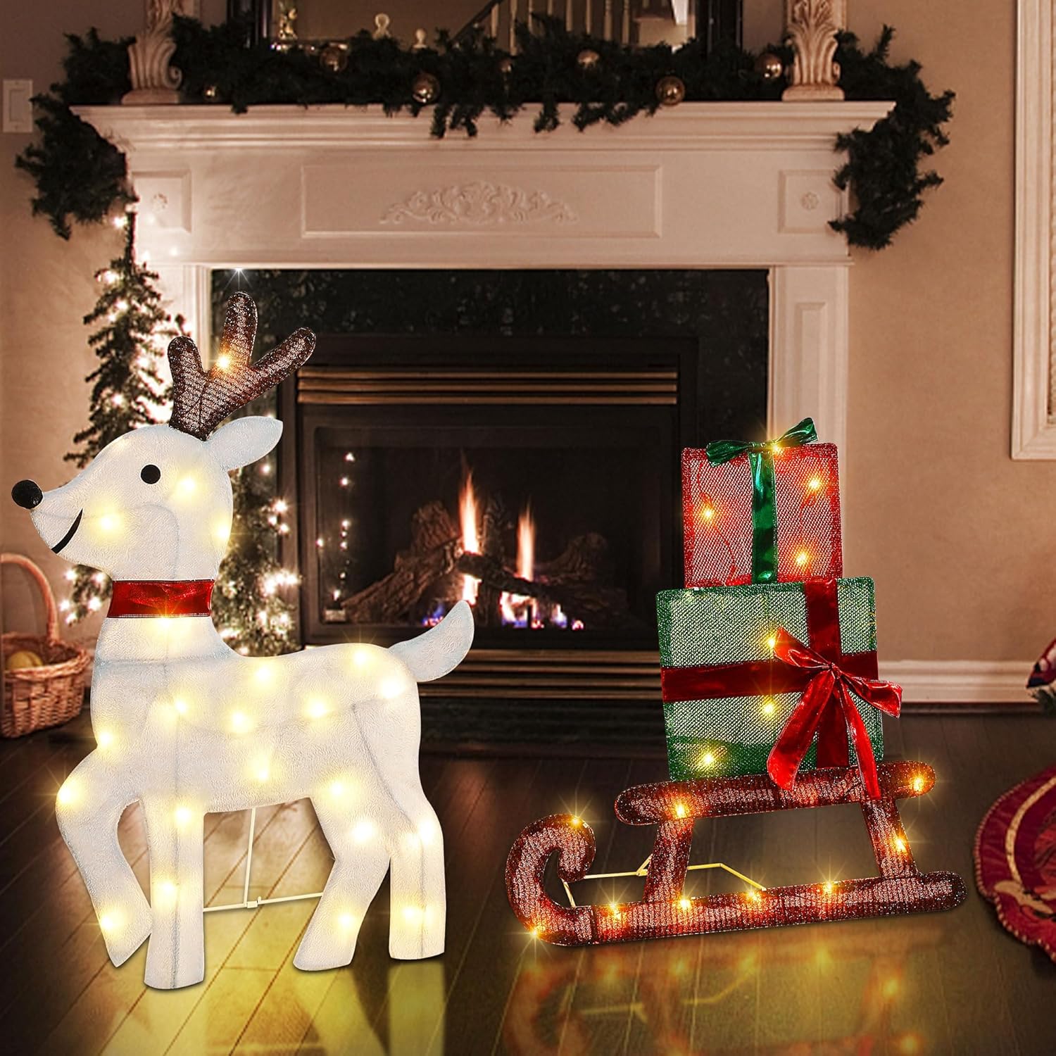 Joliyoou Decoración de Navidad 2D para patio, juego de 3 renos preiluminados con 60 luces LED blancas cálidas para puerta delantera de Navidad,