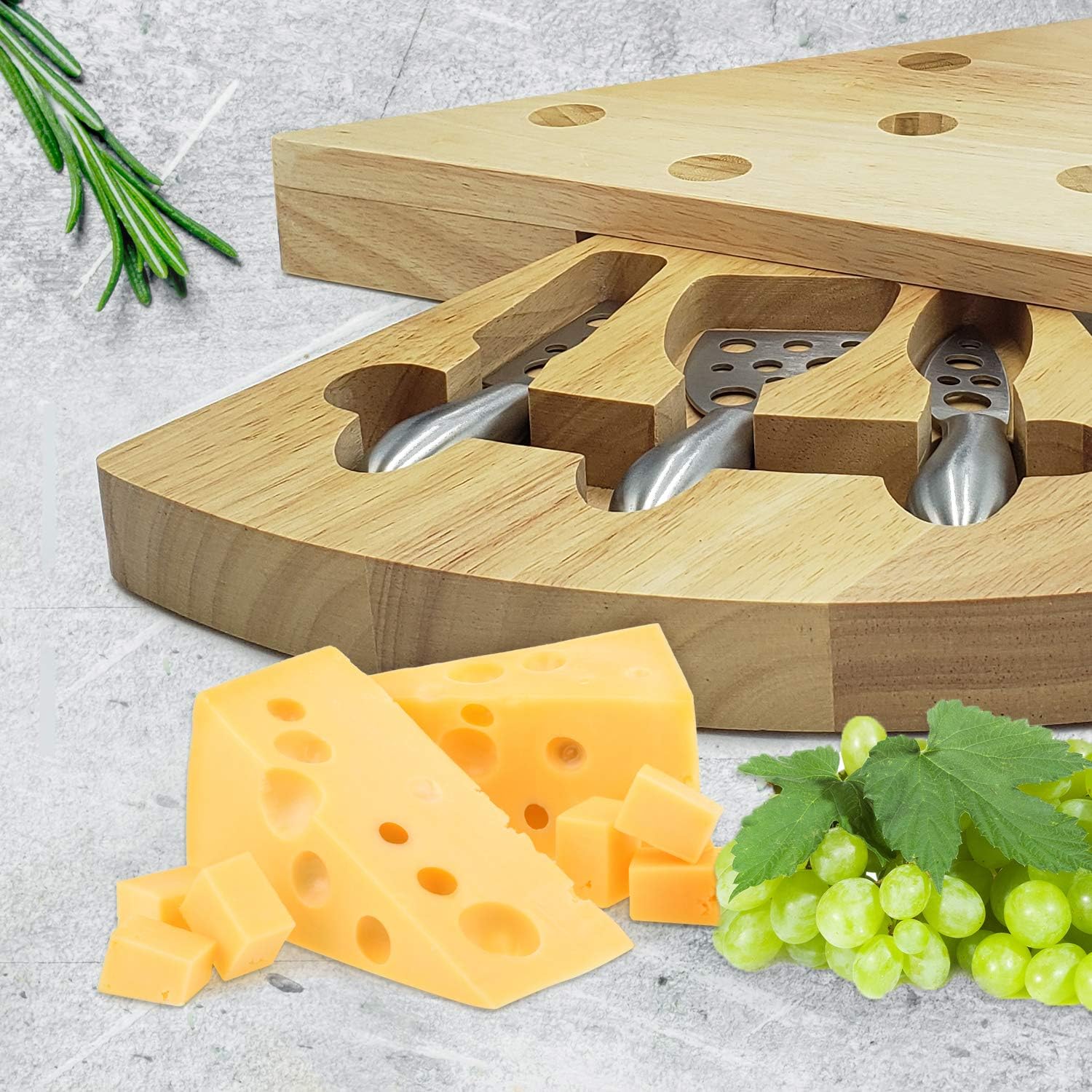 Juego de tablas de queso de madera de goma, plato de charcutería con juego de cubiertos, perfecto para cumpleaños, inauguración de la casa y regalos