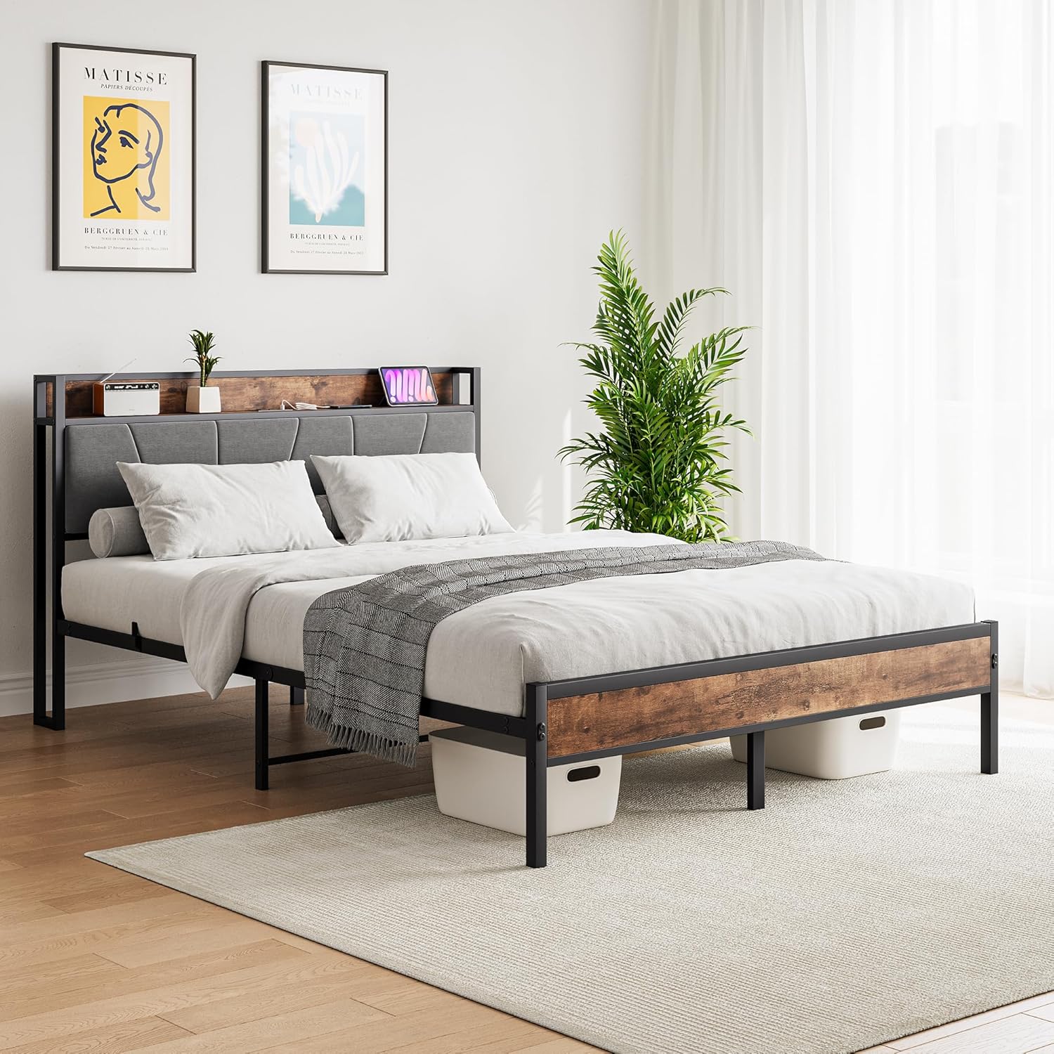 Base de cama Queen con cabecera de almacenamientoestación de carga, base de cama tapizada de metal resistente, marco de cama tamaño Queen con