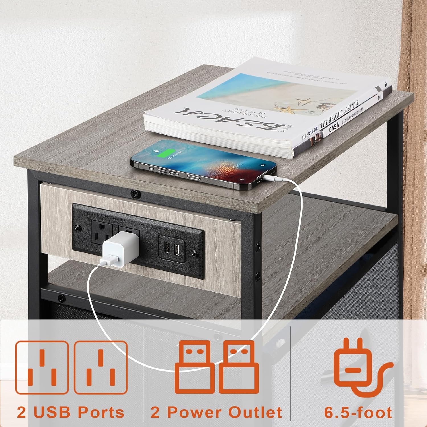 LIANTRAL Nightstand with Charging Station, Dresser with 3 Fabric Chest of Drawers, Dresser Storage for Bedroom, Hallway, Closet, Living Room,