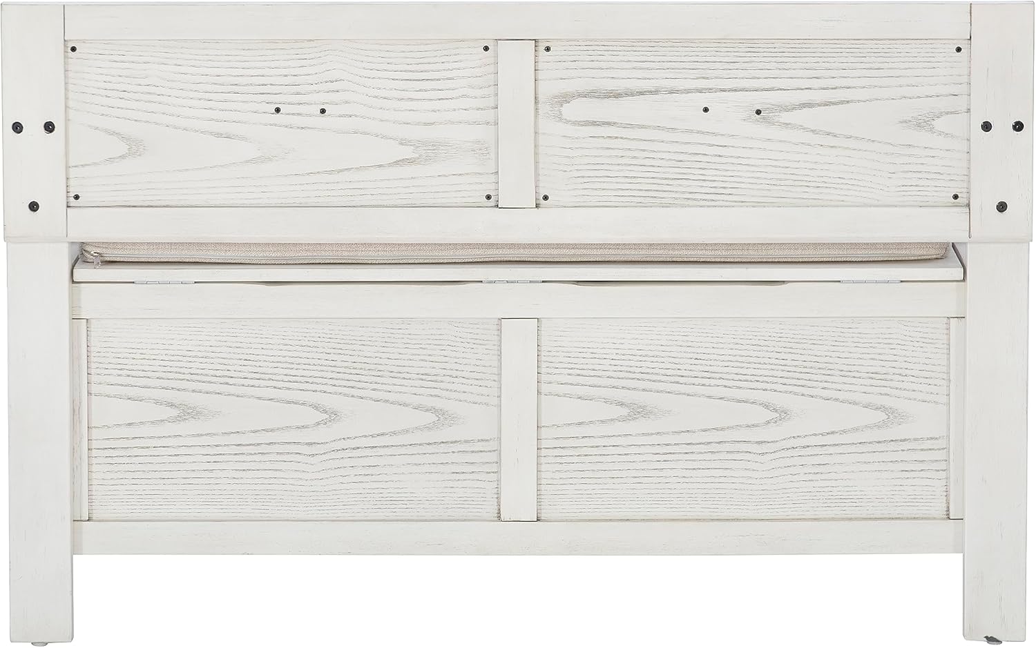 Linon Carlton – Banco de almacenamiento blanco con respaldo tapizado beige y asiento acolchado, gris ahumado