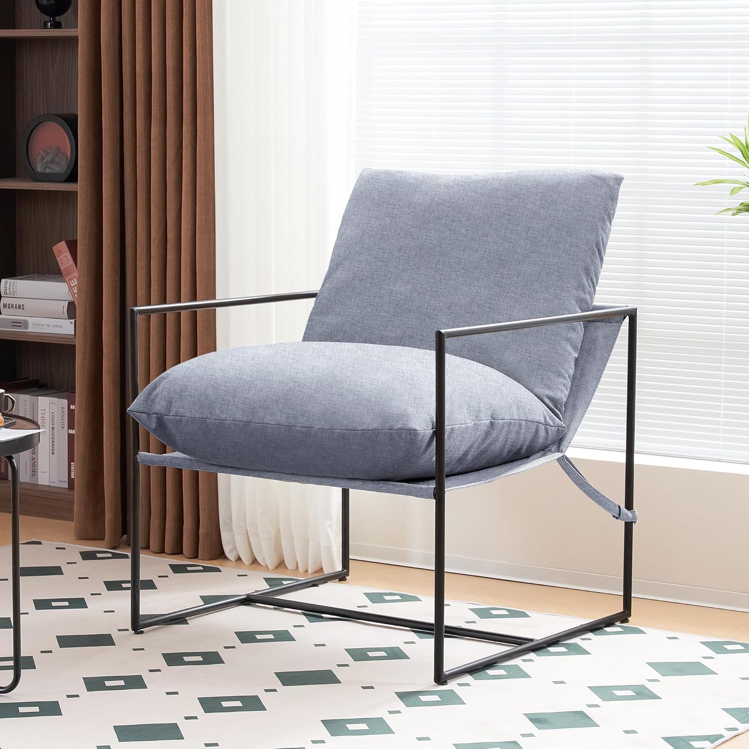 Silla decorativa moderna de mediados de siglo, sillón de acero, silla de tela para sala de estar, dormitorio, oficina en casa en tapicería de