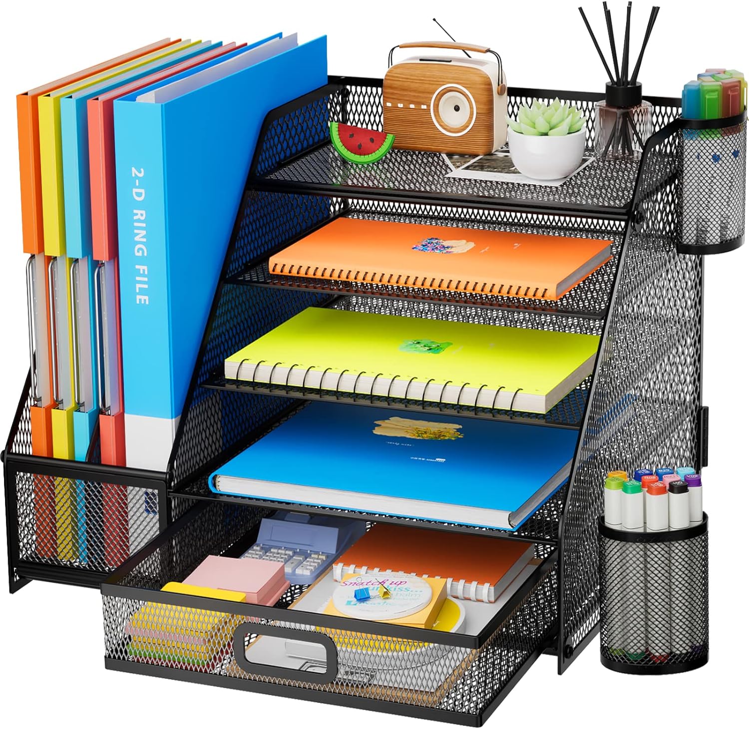 Marbrasse Organizador de escritorio con soporte para archivos + bandeja de papel de 5 niveles con soporte para archivos+cajón y 2 soportes para