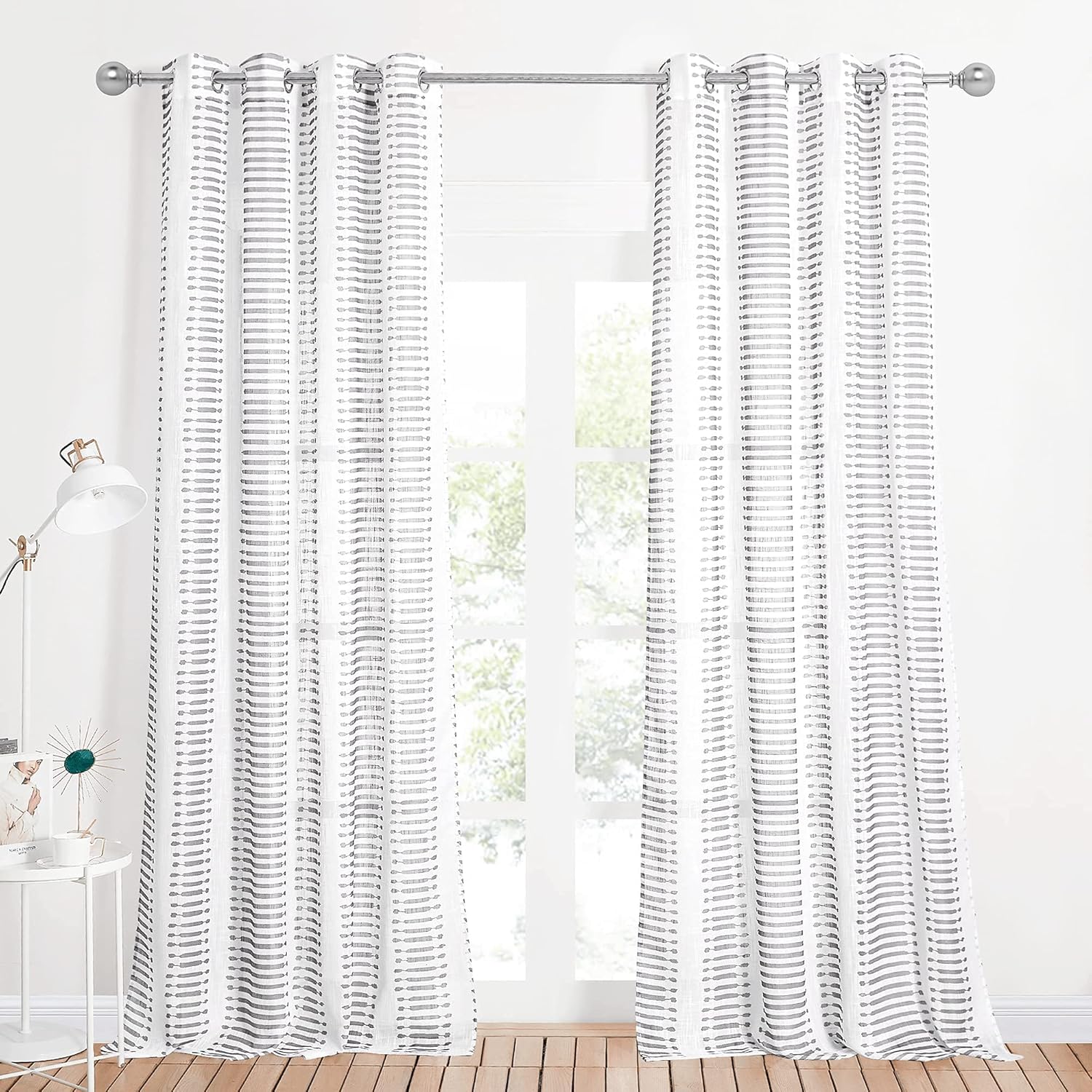 StangH Cortinas traslúcidas de lino para casa de campo, cortinas semitraslúcidas de privacidad con rayas grises impresas, cortinas de sentido