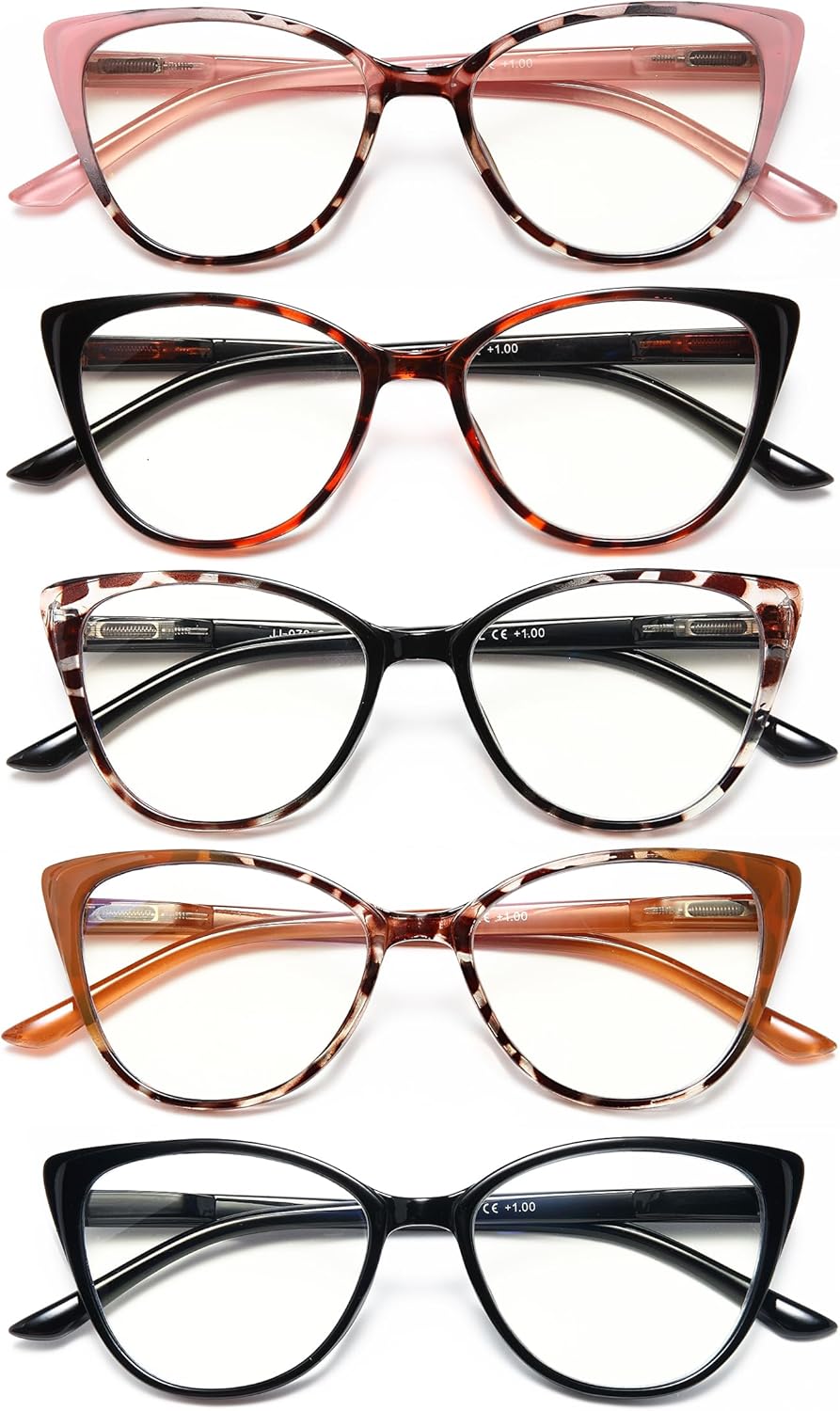 EYEURL Paquete de 5 lentes de lectura para mujer, diseño de ojo de gato, bloqueo de luz azul, lentes de computadora de moda con bisagra de resorte,