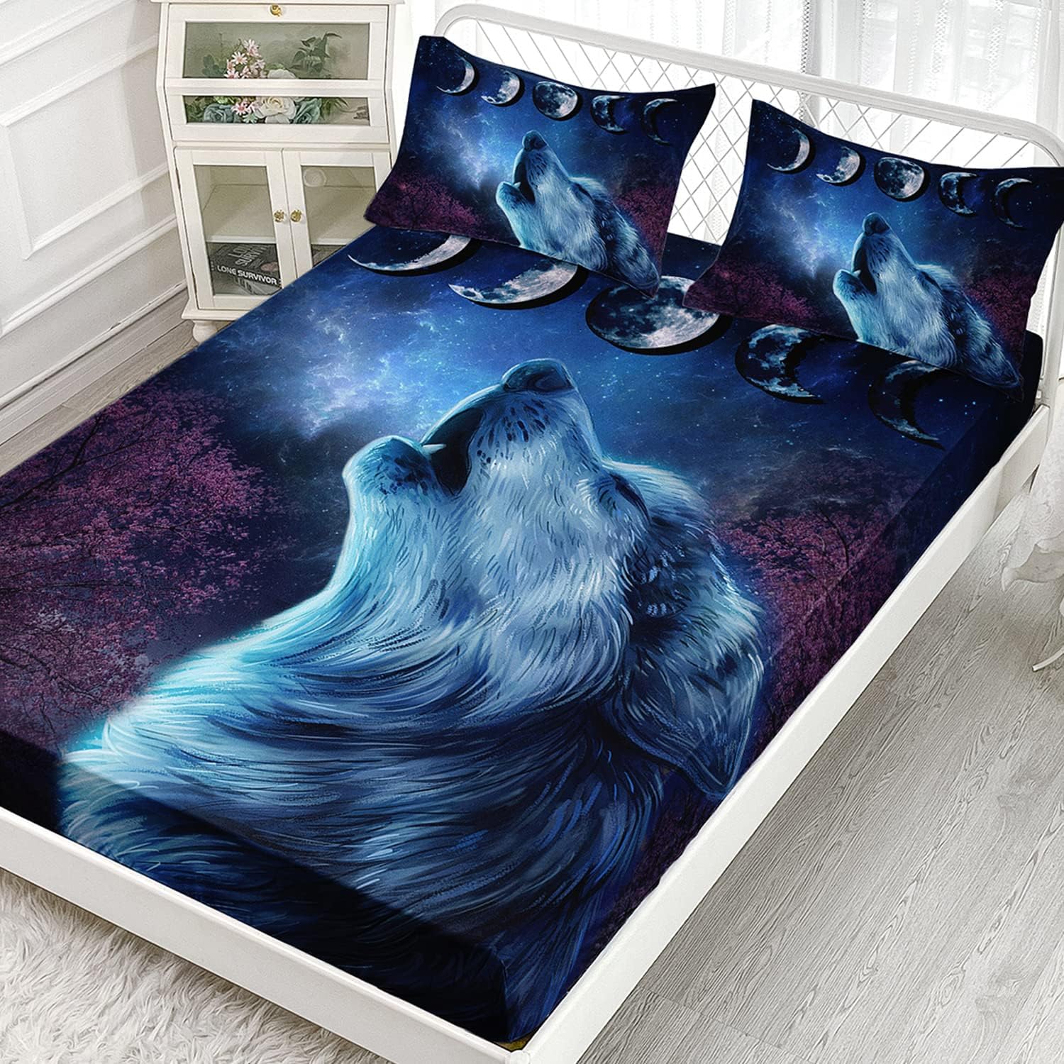 XYNHML Juego de sábanas de lobo, juego de ropa de cama con diseño de galaxia y luna nocturna y lobo aullador, juego de cama para niños y