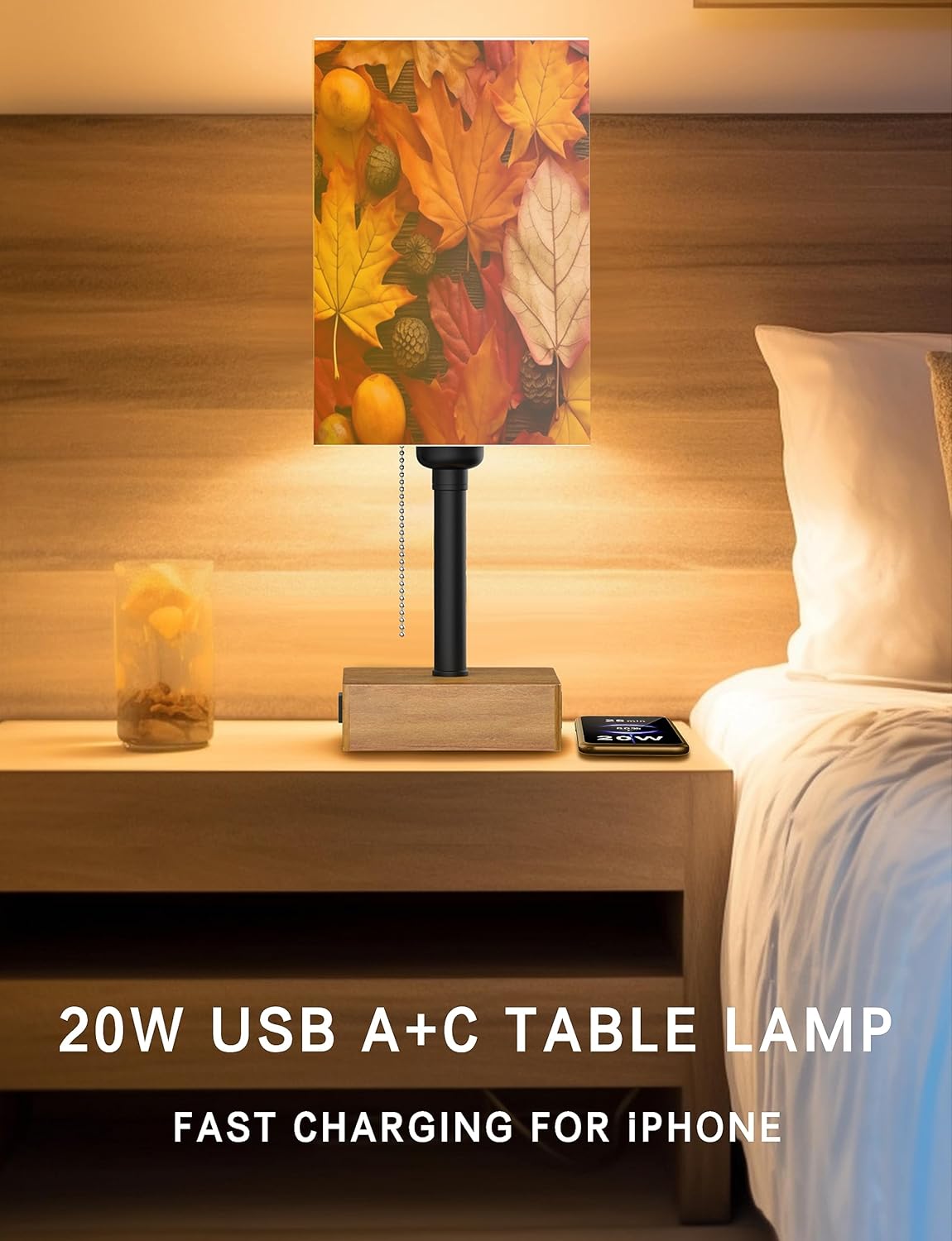 Lámparas de mesita de noche para dormitorio, lámpara pequeña para mesita de noche, luz de escritorio de carga, luces cálidas de hojas de arce de